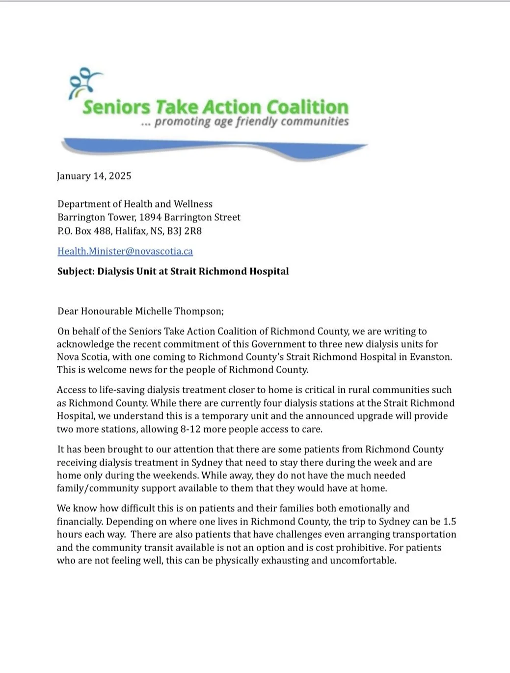 STAC letter to the Minister of Health and Wellness about a dialysis unit at Strait Richmond Hospital, January 14, 2025