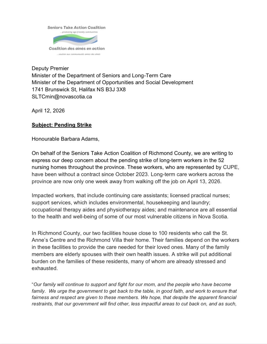 STAC letter to Deputy Premier Barbara Adams about the pending long-term care strike, April 12, 2026