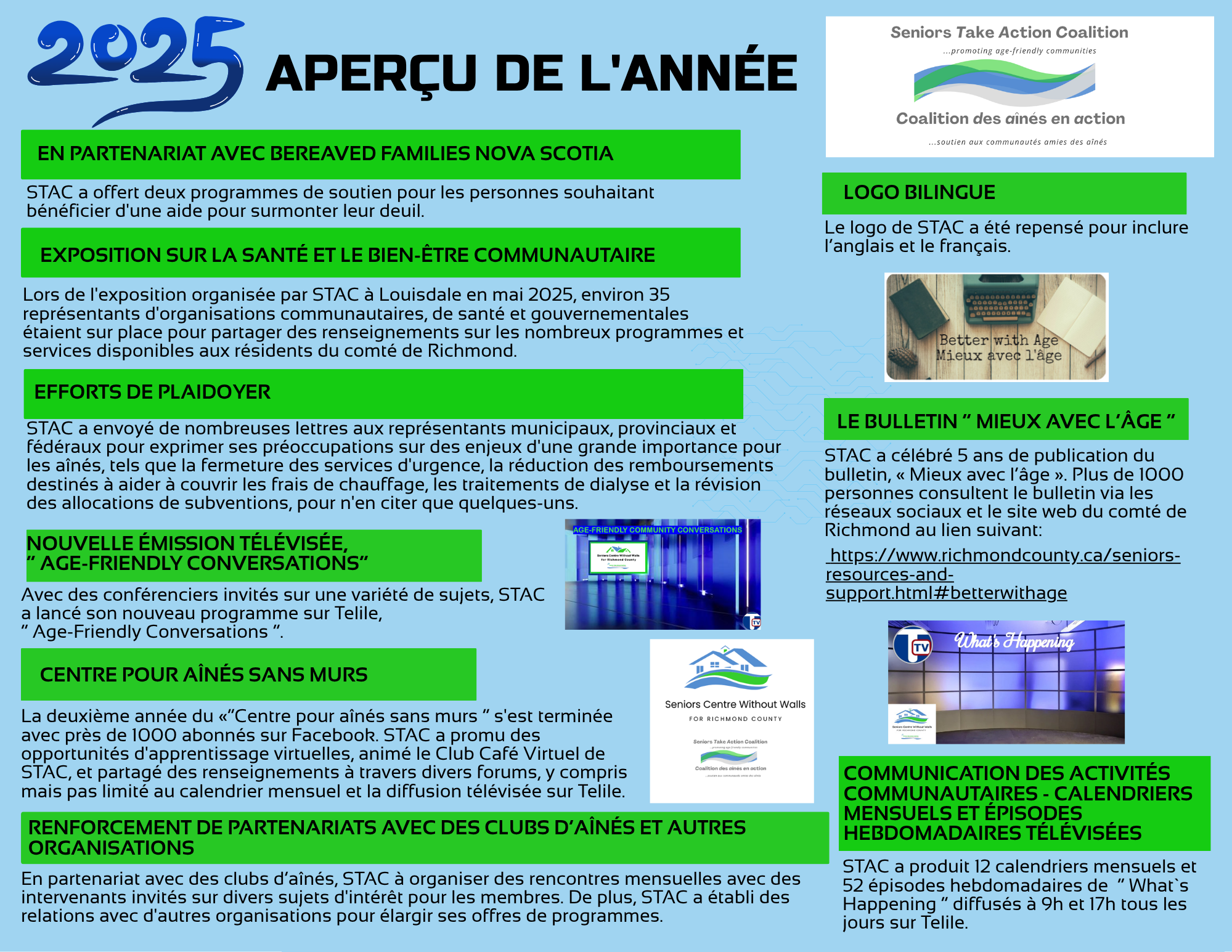 Aperçu de l'année 2025 de la Coalition des aînés en action : partenariat avec Bereaved Families, expo santé et bien-être, lettres de plaidoyer, émission télévisée et logo bilingue