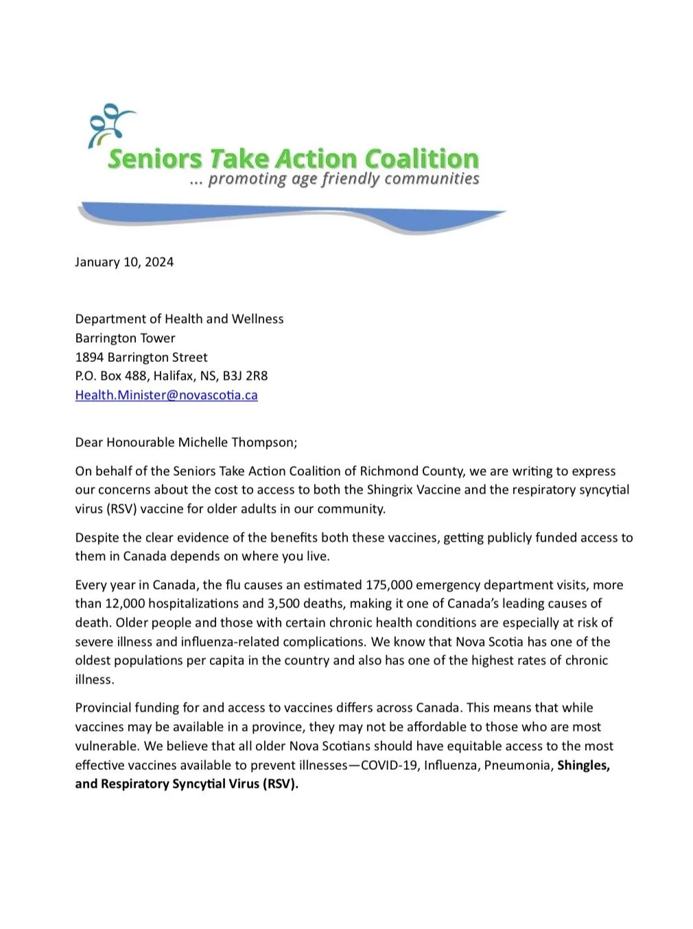 STAC letter to the Minister of Health and Wellness about access to shingles and RSV vaccines, January 30, 2024