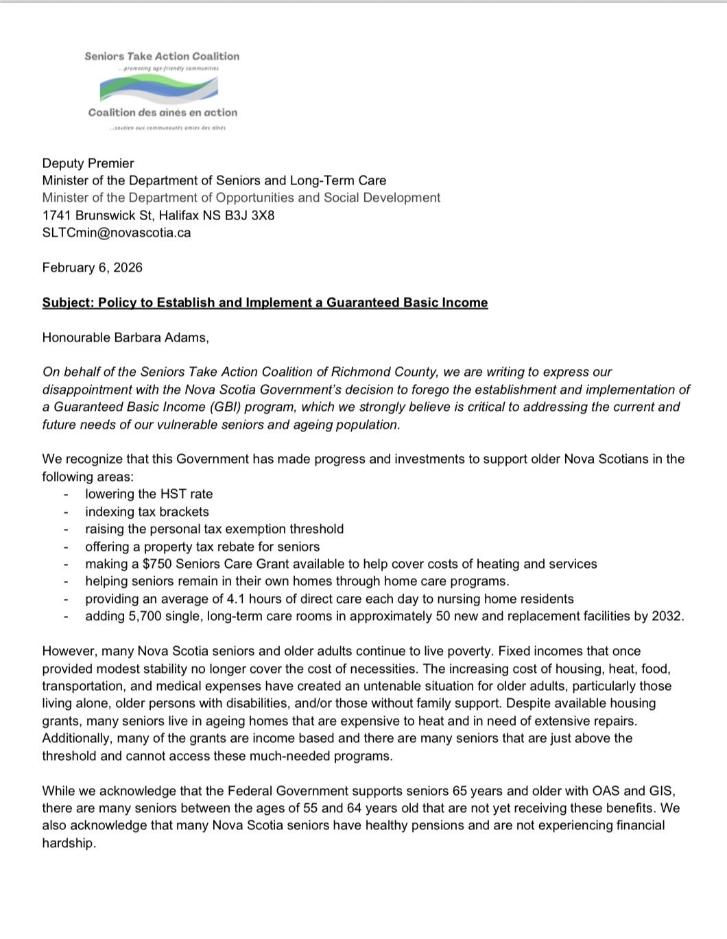 STAC letter to Deputy Premier Barbara Adams calling for a guaranteed basic income, February 6, 2026
