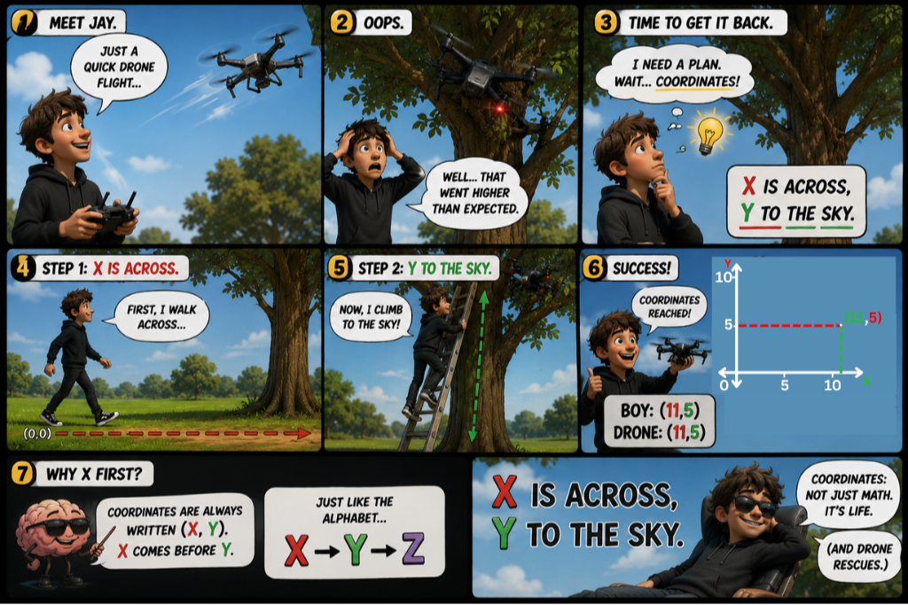 A comic strip explaining how to pilot a drone by following coordinate steps. It shows a boy with a drone, climbing a ladder, and completing a coordinate grid to reach a specific point in the sky, with humorous and educational commentary.
