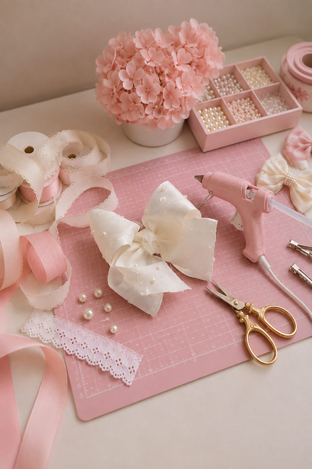 Crafting supplies for decorating a pink and white bow, including pearls, ribbons, scissors, glue gun, and decorative flowers, arranged on a pink cutting mat.