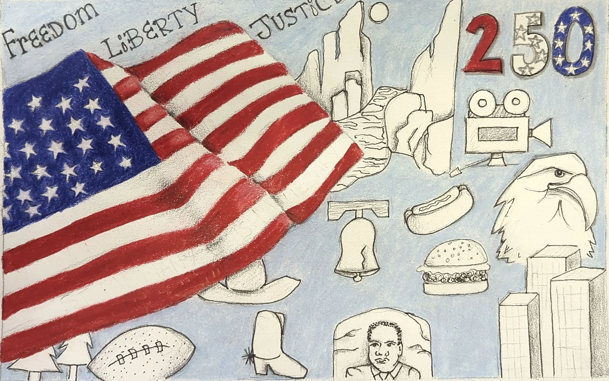 America 250 Illustration
Colored pencil and ink 
11"x8"
2026