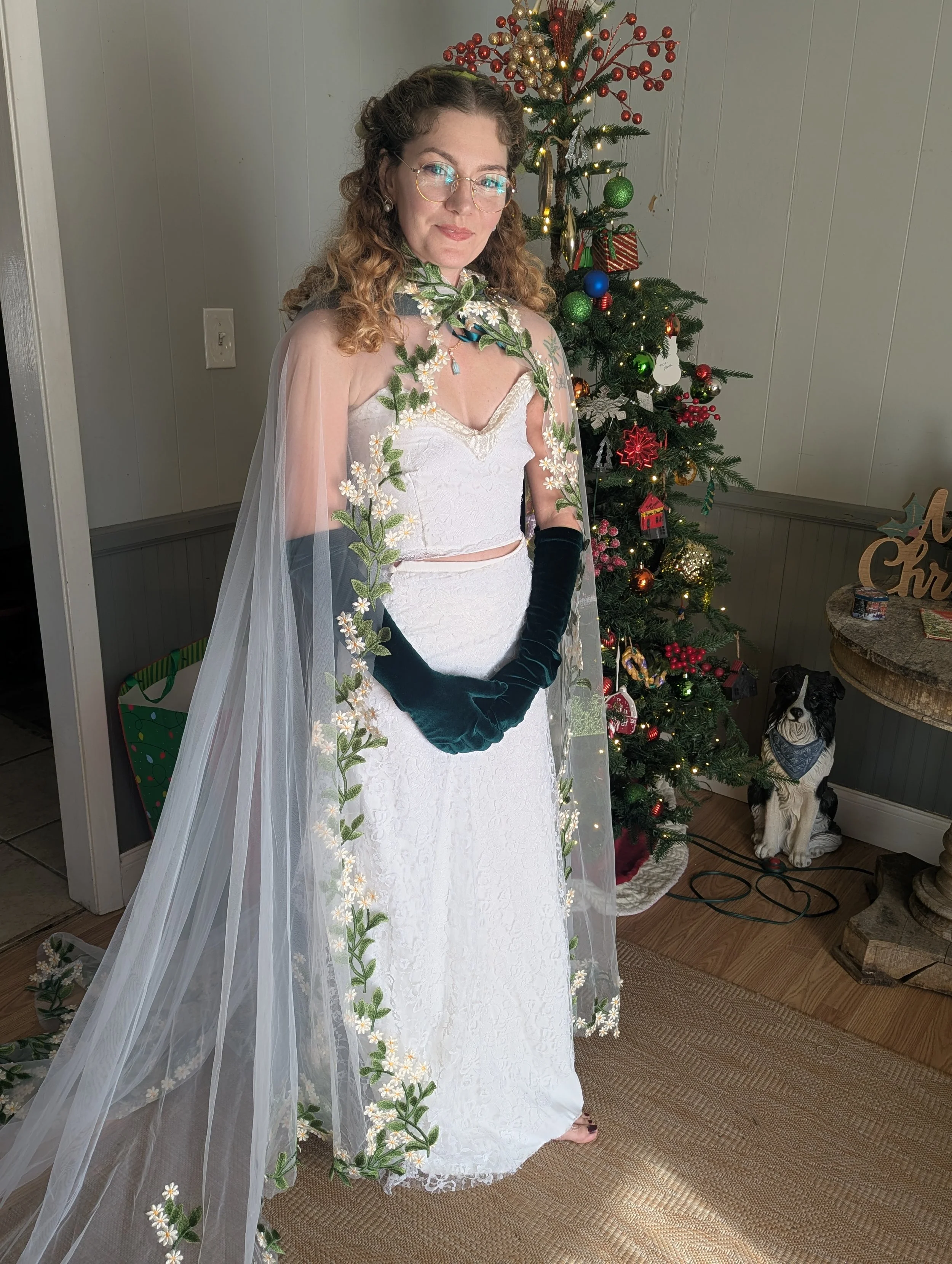 Wedding Outfit (Top, Skirt and Gloves)
Repurposed 1980's Wedding Dress and Repurposed Velvet Skirt (gloves)
2025