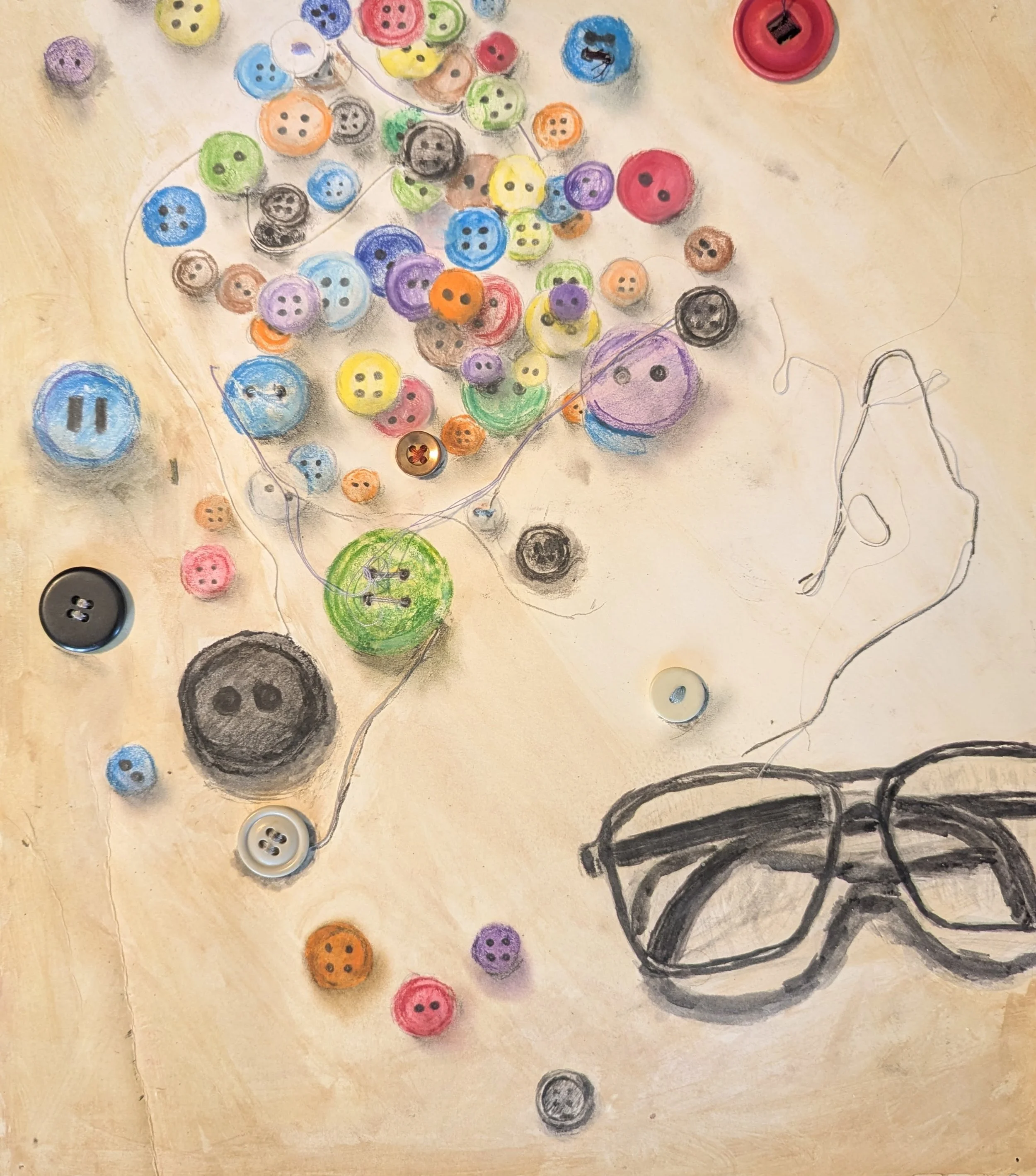 Buttons 
Colored pencil on paper, threat,  buttons
10"x11"
2011