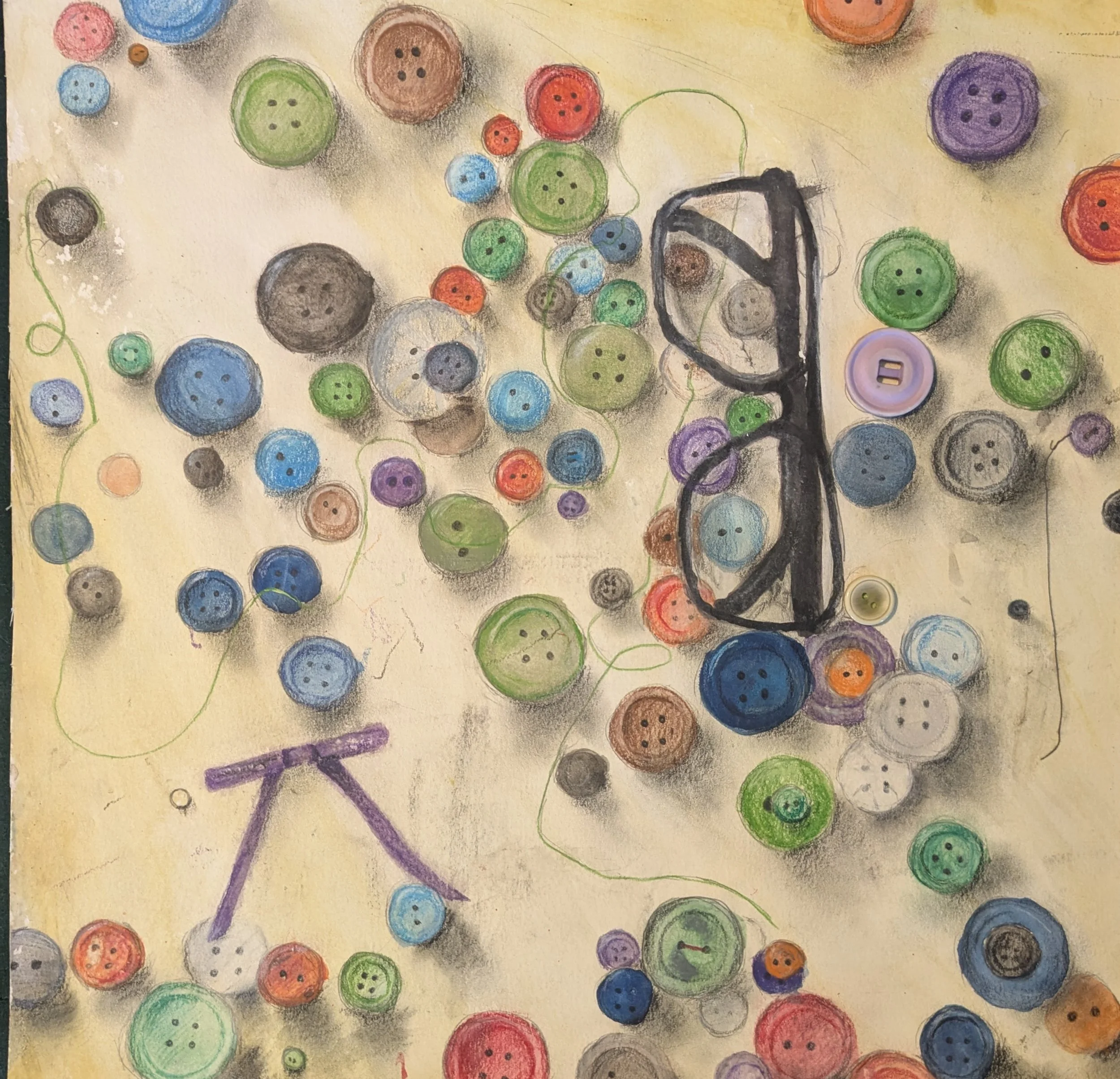 Buttons II
Colored pencil on paper, threat,  buttons
12"x12"
2011