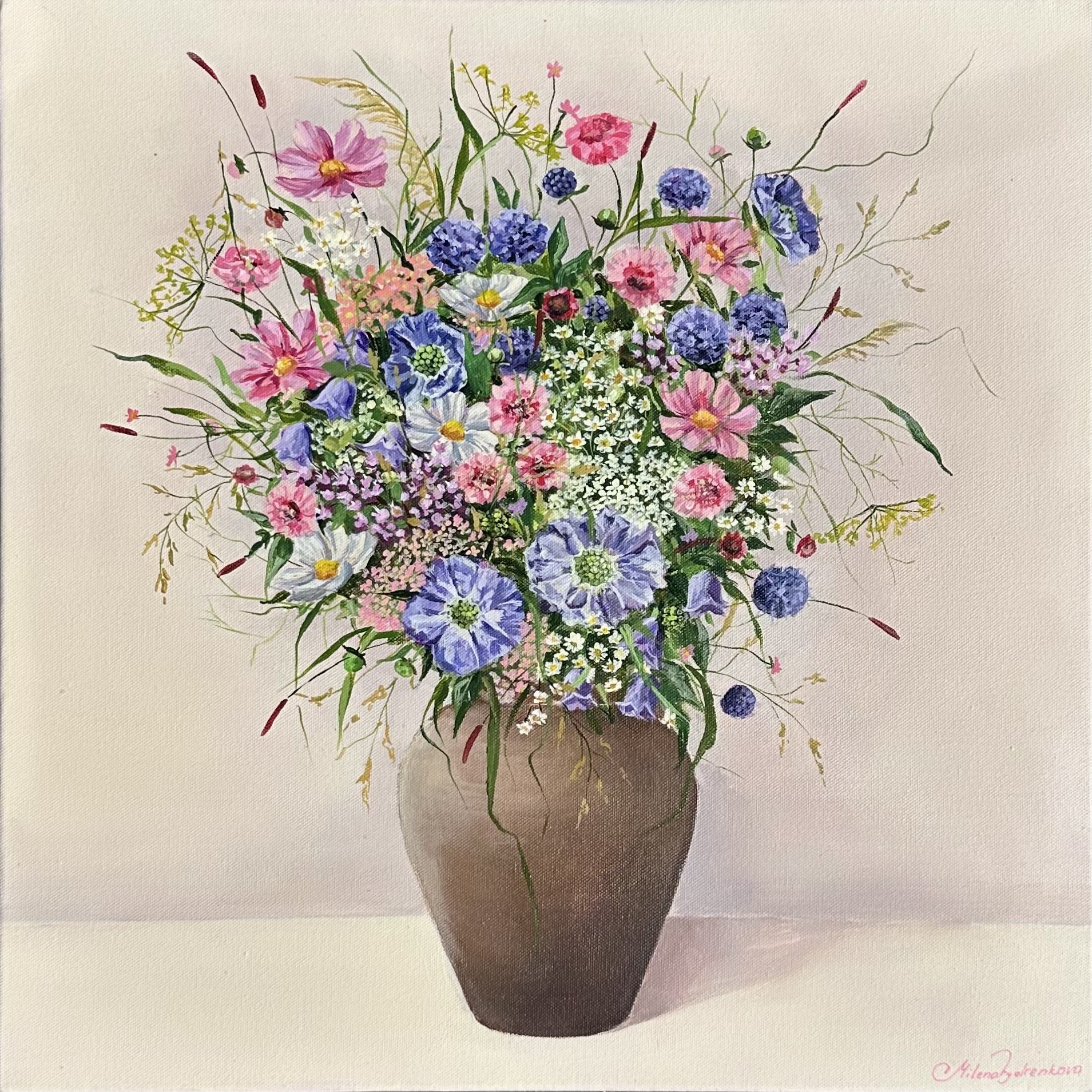 Acrylic painting of a bouquet of mixed flowers in a brown vases. The arrangement contains pink, purple, blue, white, and small white filler flowers.