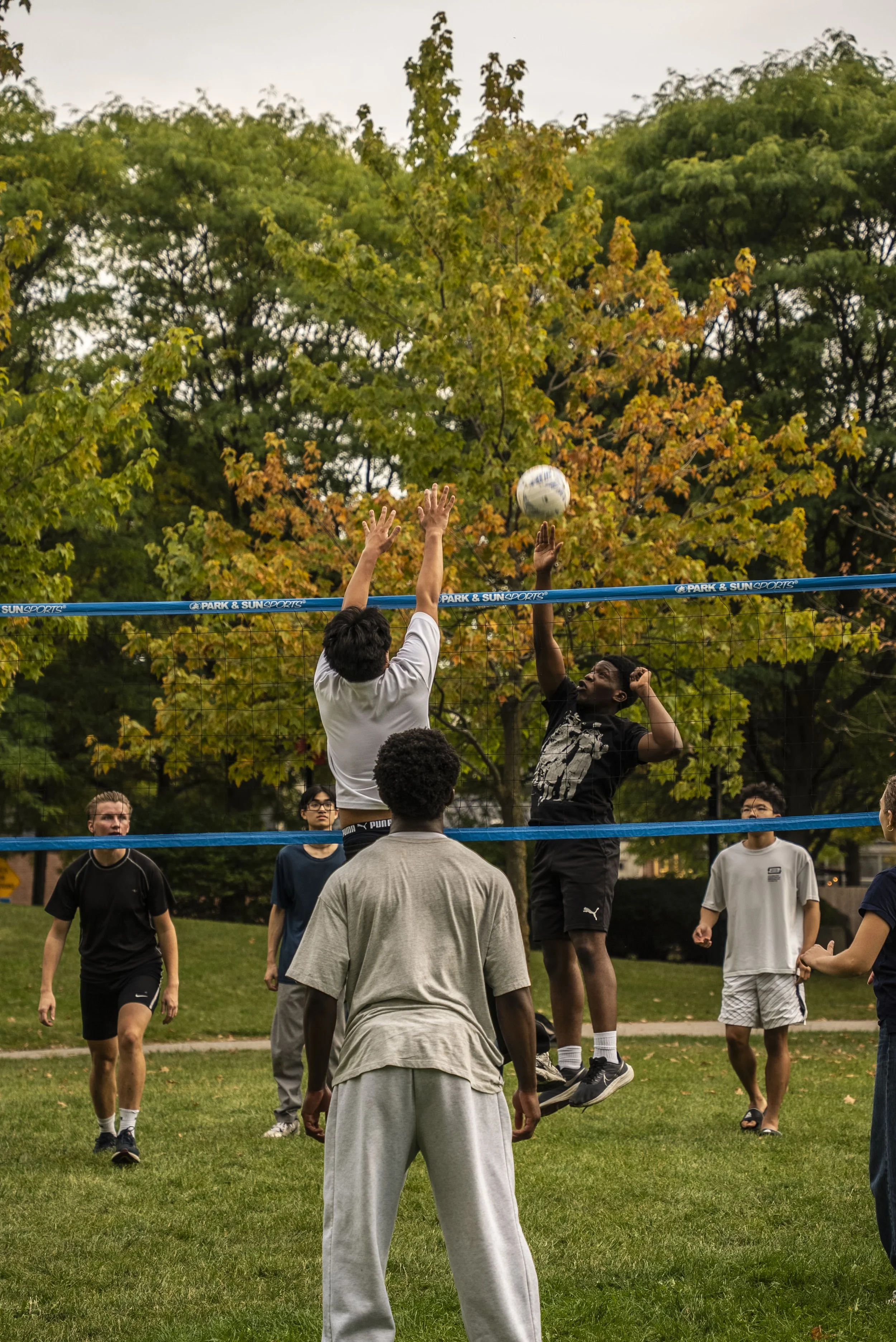 Group of young people playing volleyball outdoors in a park with trees changing color for fall.