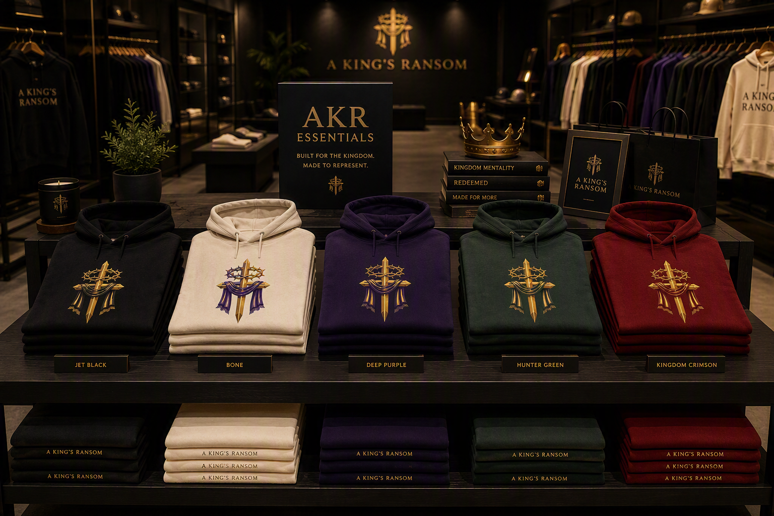 A King's Ransom premium Christian hoodies displayed in a luxury retail storefront.
