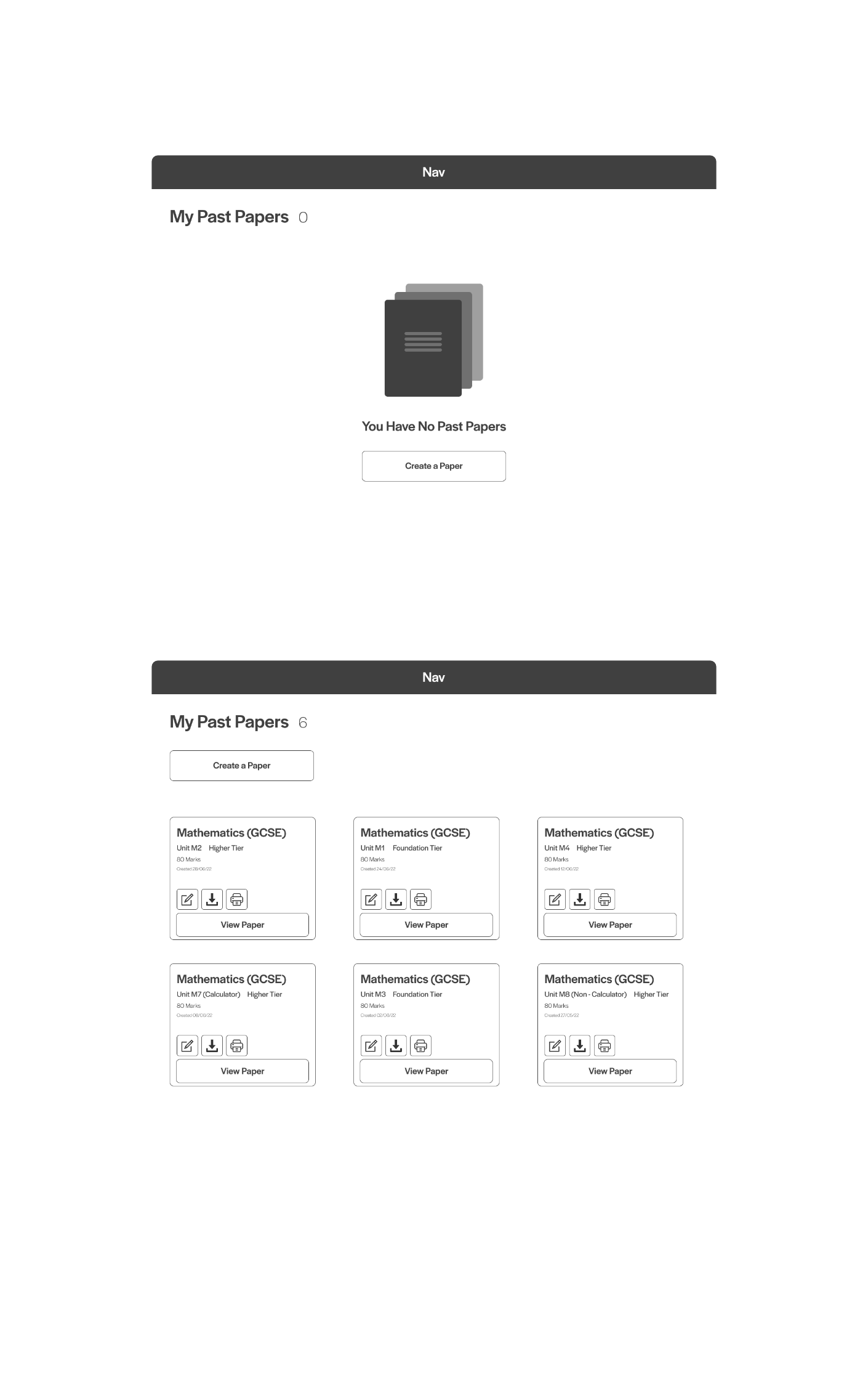 Images of the create a paper screens