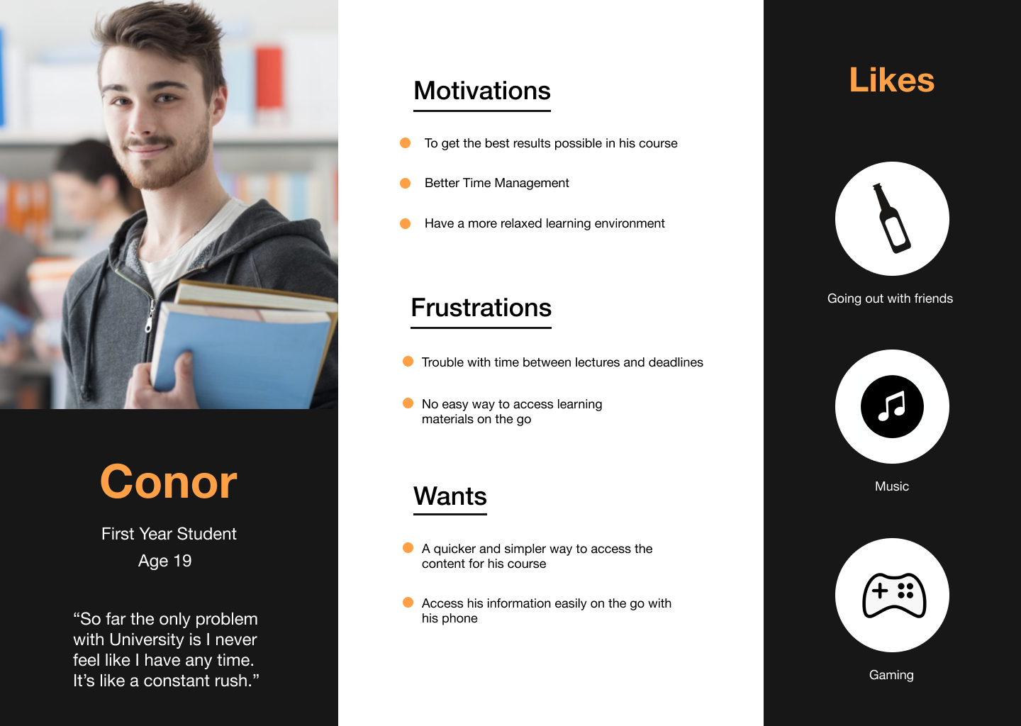 A digital user persona of a first year university student detailing their wants, motivations and frustrations