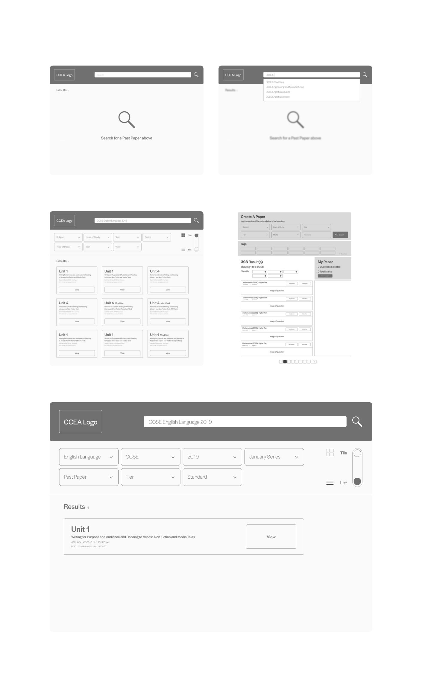 Multiple screens showing off different actions performed on the past paper site designed in figma