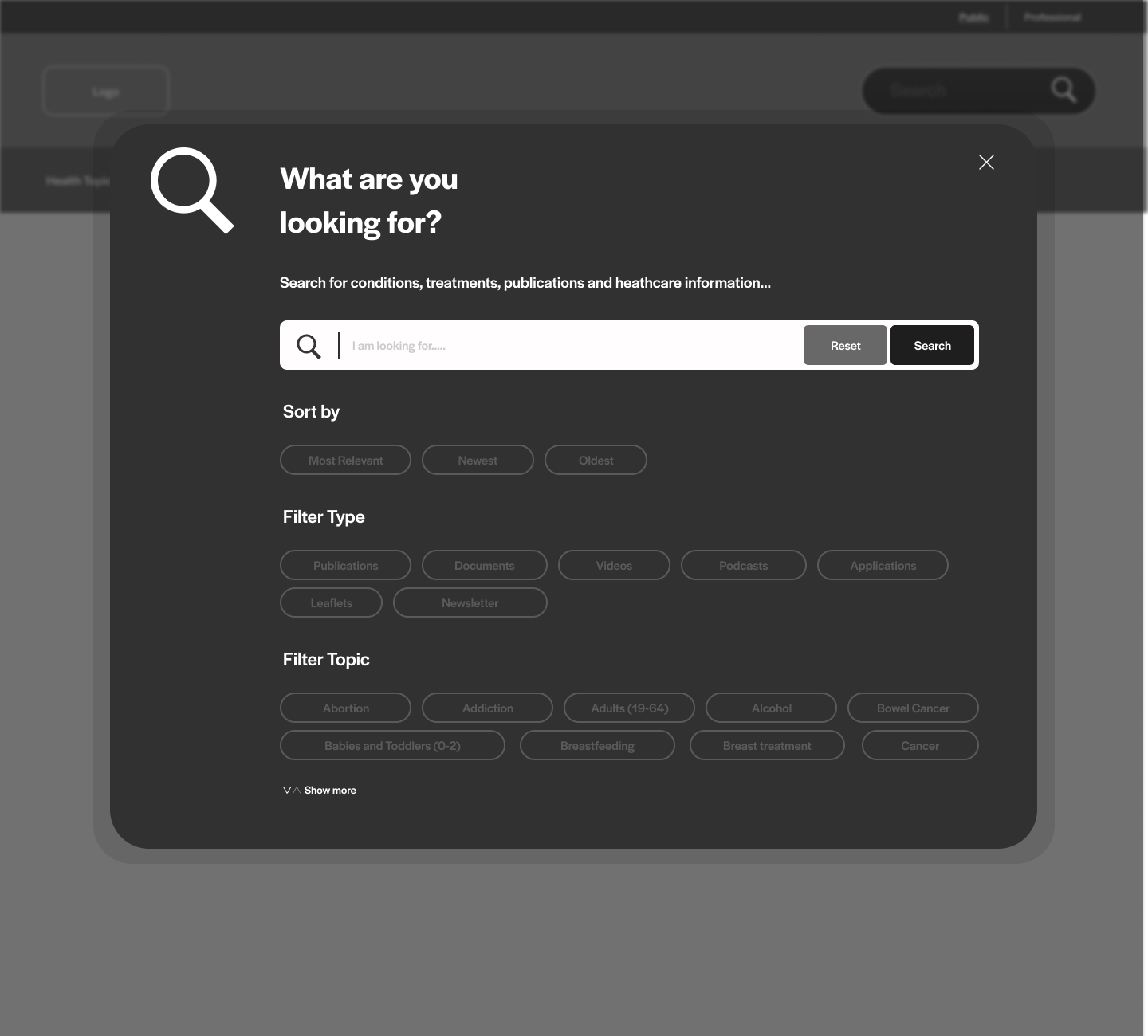 Image of the advanced search screen designed in figma