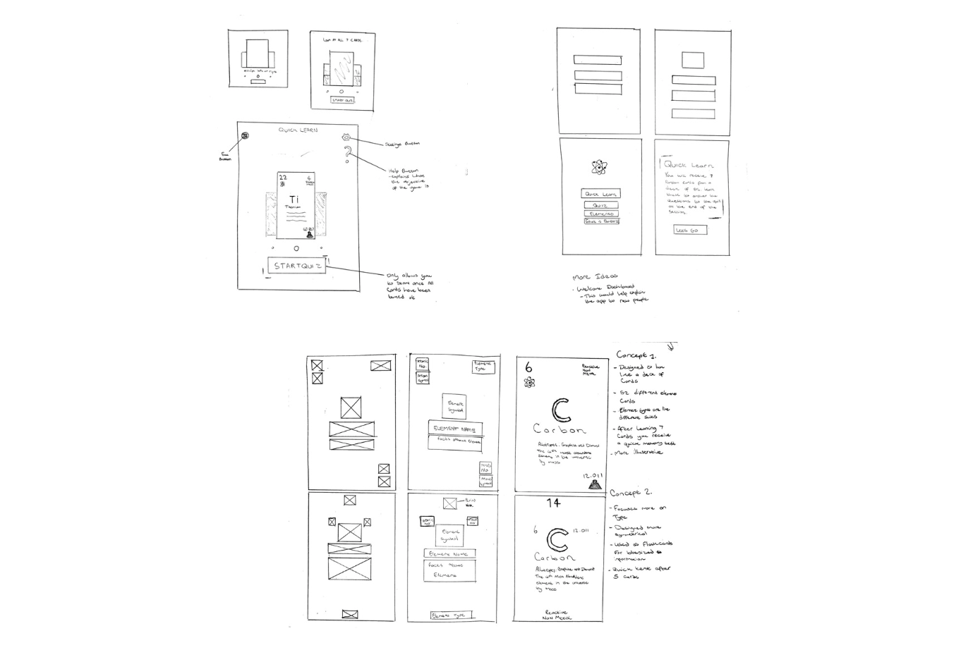 Multiple different wireframe sketches showing different ideas on how to structure the app