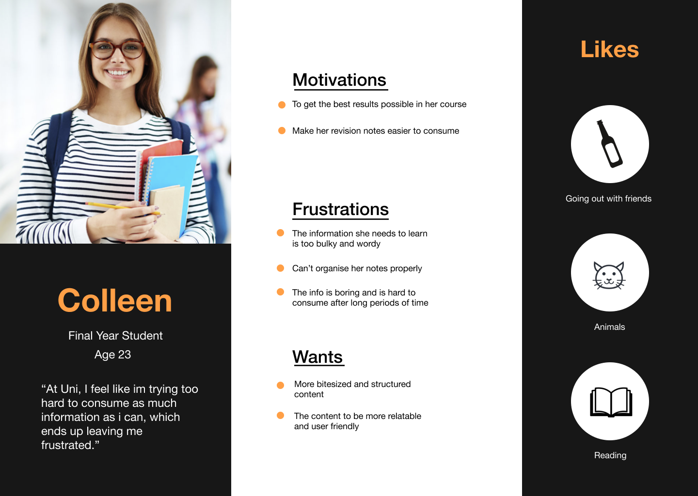 A digital user persona of a first year university student detailing their wants, motivations and frustrations