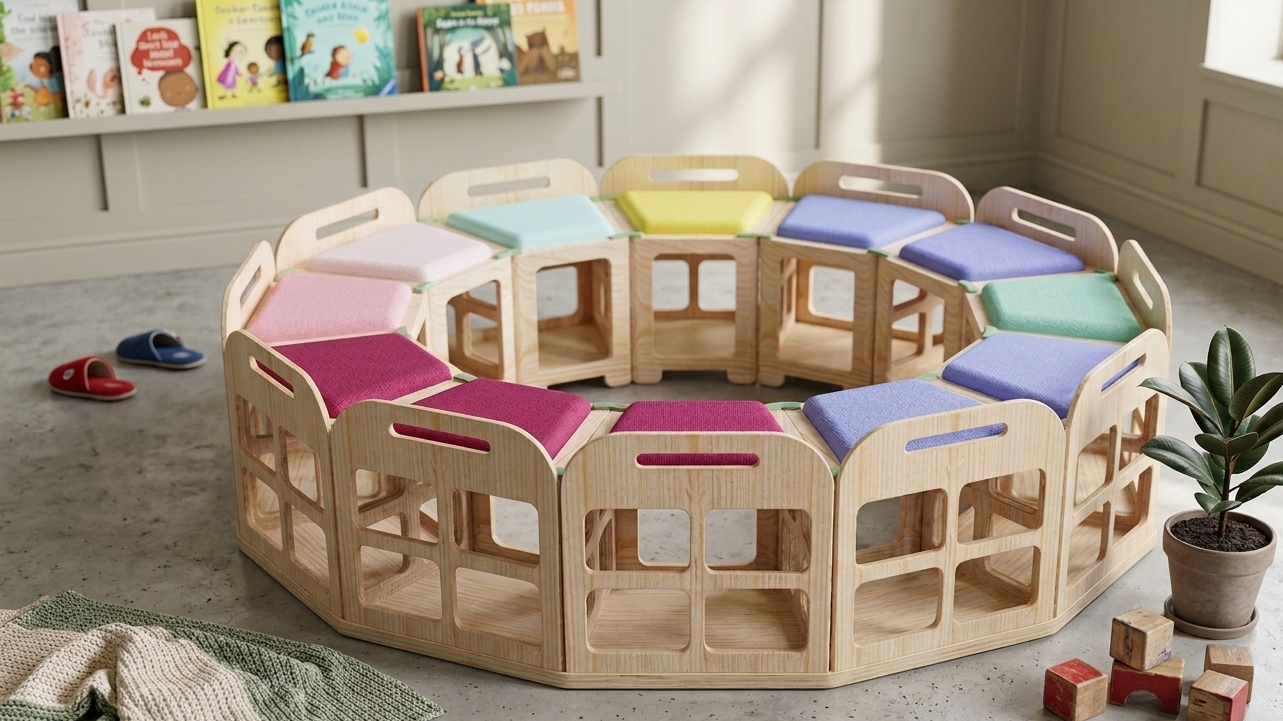 Colorful wooden semi-circular seating arrangement with cushions in a room with a bookshelf and toys.
