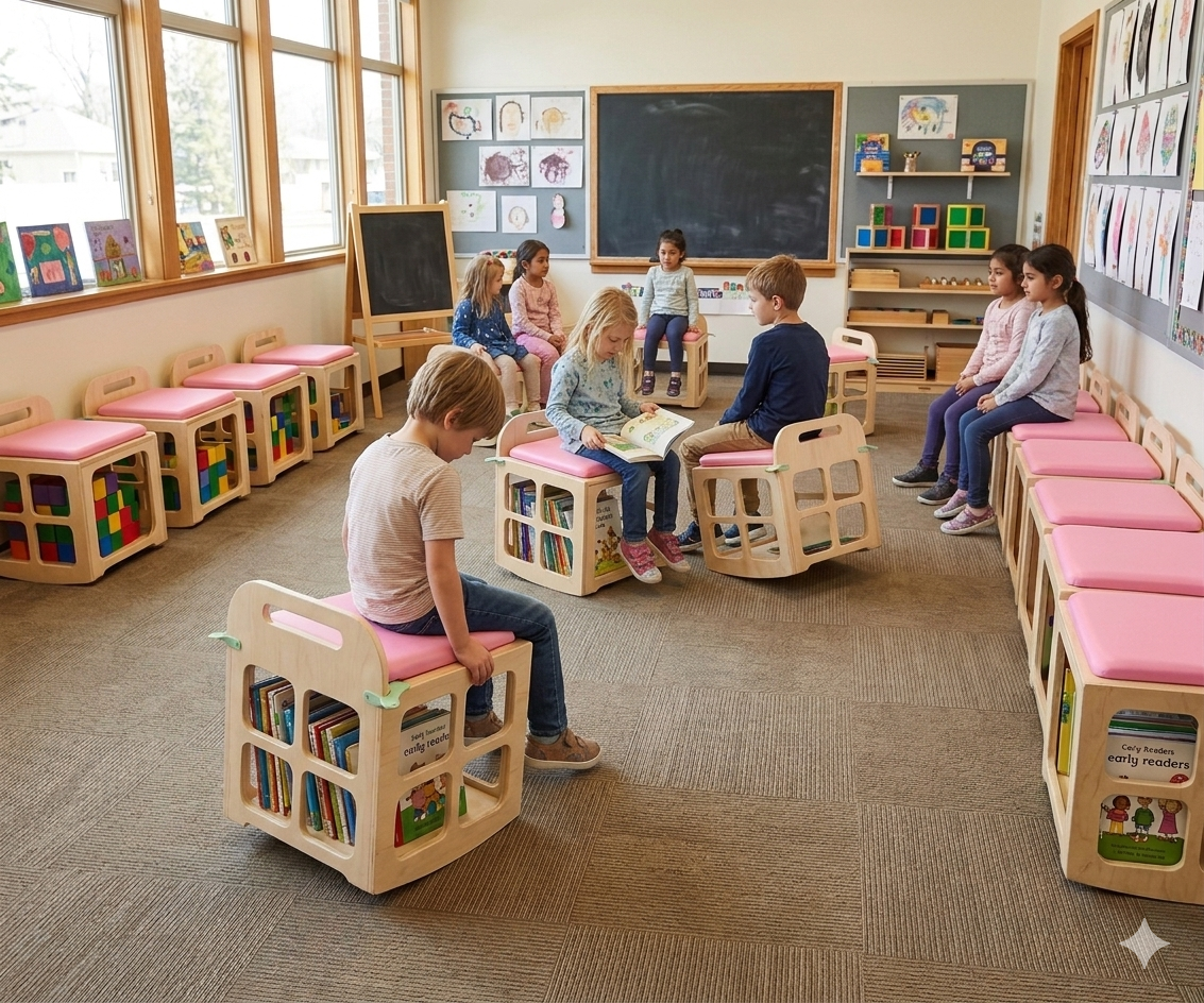 A classroom with children sitting on pink cushioned chairs, some reading books and others sitting on shelves or stools, with colorful children's artwork on the walls and a large black chalkboard at the front.