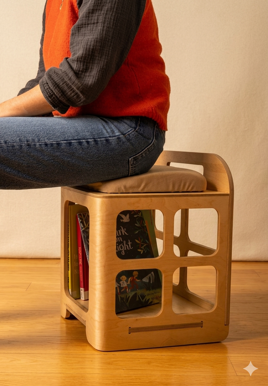 Person sitting cross-legged on a wooden stool with a cushion, on a wooden floor, against a plain wall, with books visible in the open sides of the stool.