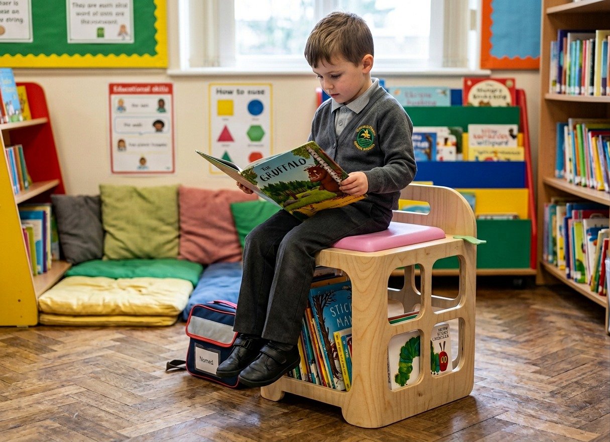 A young boy sitting on a wooden chair in a school library, reading a book titled 'The Gruffalo'. There are bookshelves filled with books and colorful cushions on the floor behind him.