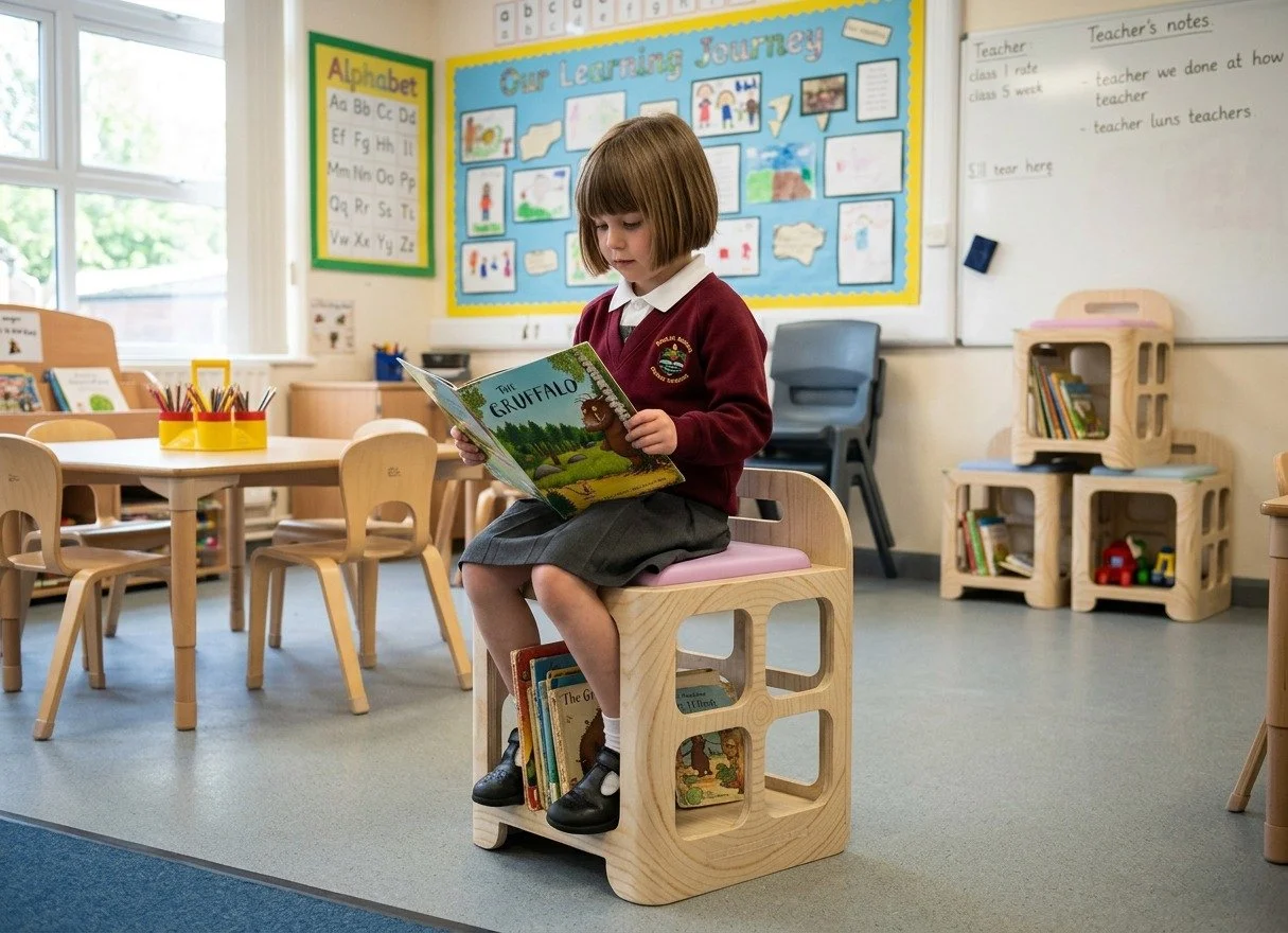 A young girl in a school uniform sitting on a wooden chair, reading a picture book titled 'The Gruffalo' in a classroom with educational posters, tables, and shelves of books.