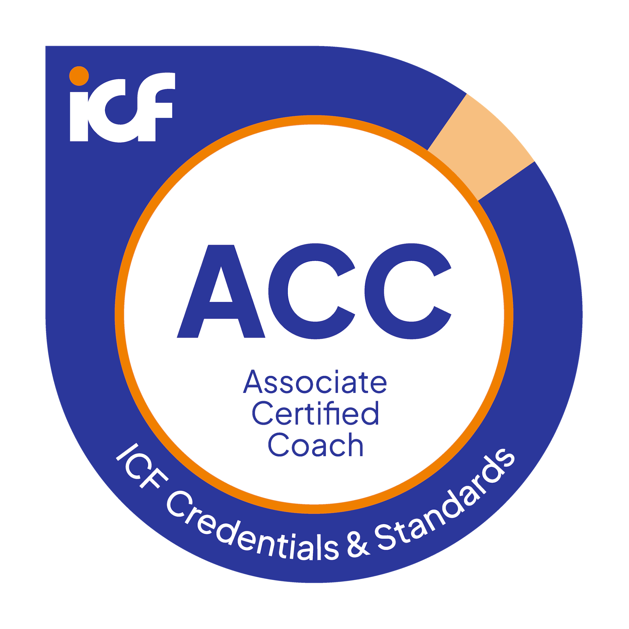 Circular badge with the words "Associate Certified Coach" and a logo with the letters "iac" on a blue background and an orange border.