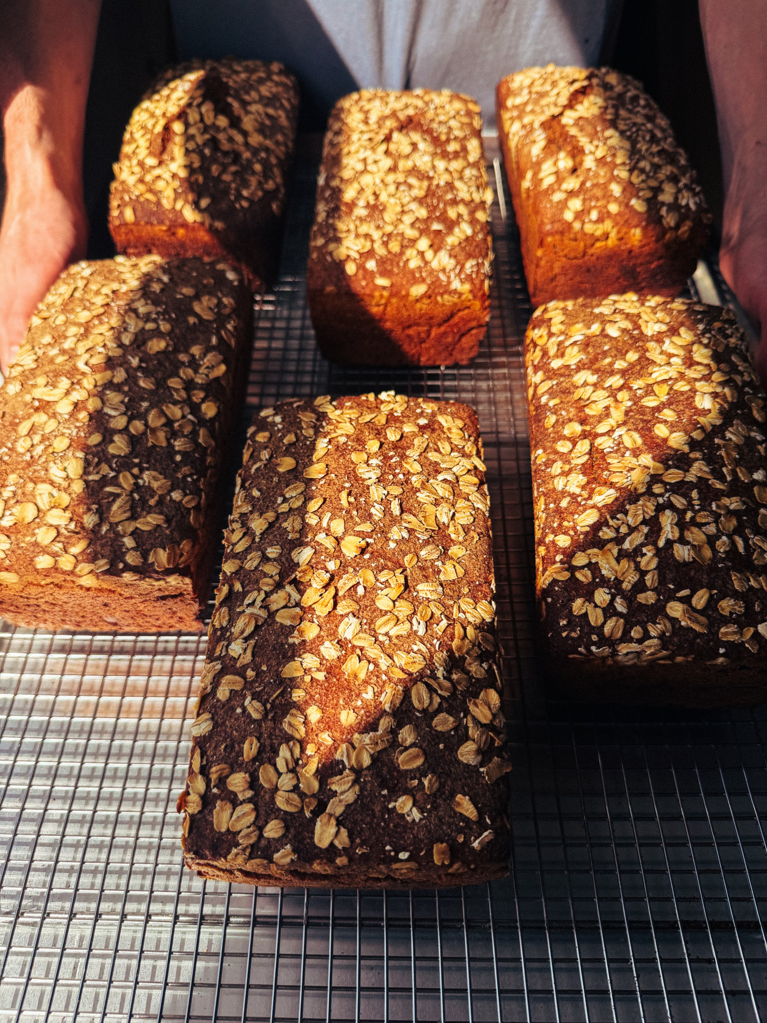 Six loaves of bread with oat toppings cooling on a wire rack.
