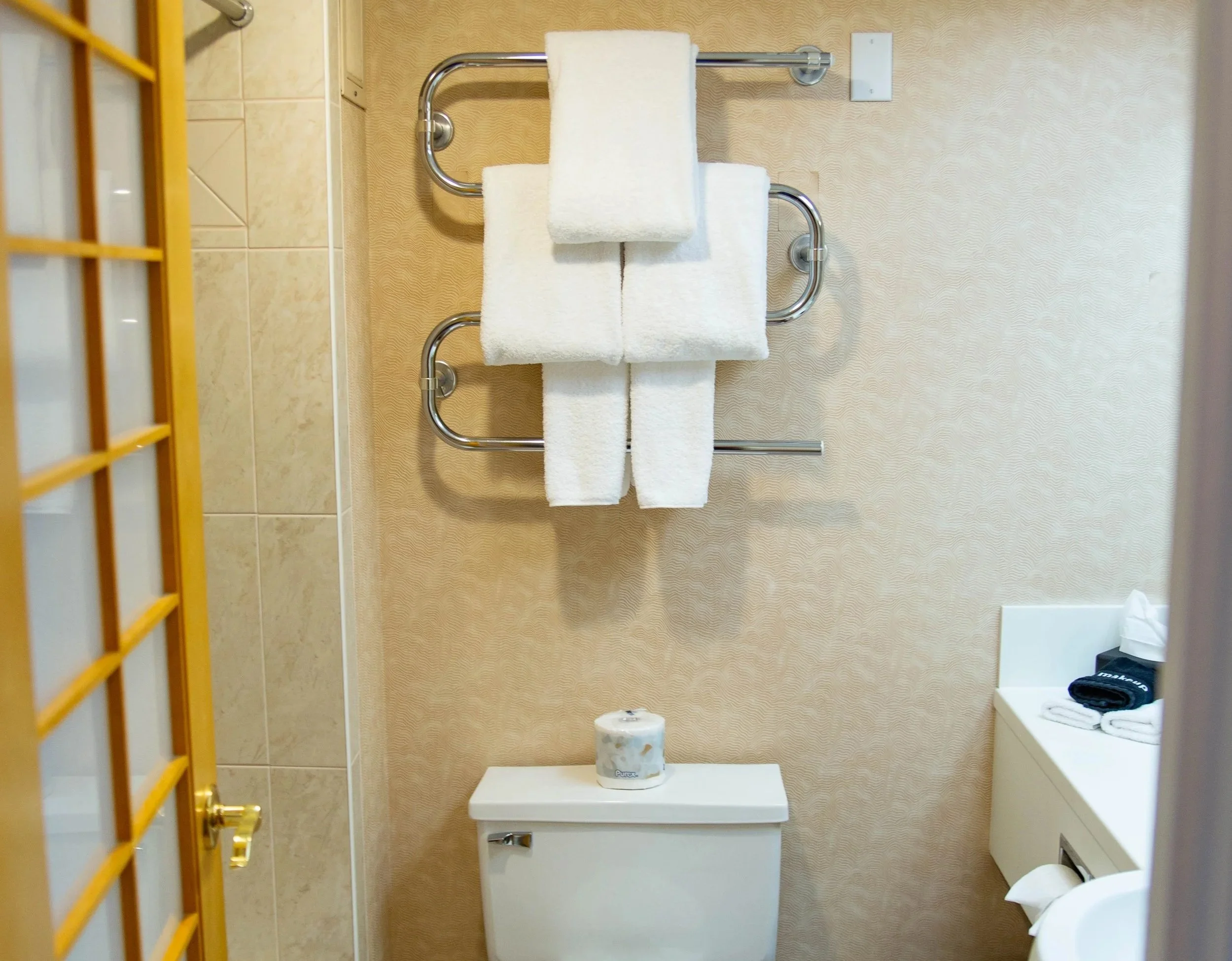 A bathroom with a toilet, a medical or cleaning device on top of the toilet, a roll of toilet paper on a shelf in front of the toilet, a towel or cloth on a rail, and partially visible bathroom fixtures and tiles.