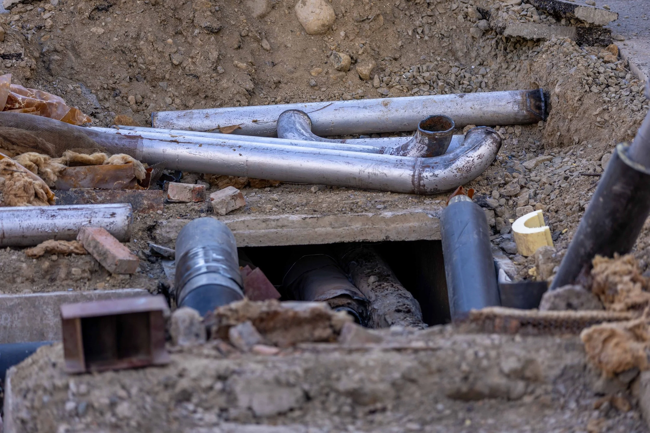 Construction site with exposed underground plumbing pipes and gravel.