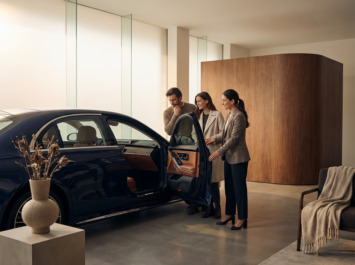 Three people, two women and one man, are standing next to an open car door inside a modern, minimalist showroom. They are looking at the car's interior, engaging in a discussion. The showroom has neutral-toned decor with a large wooden panel, a potted plant on a white stand, and a comfortable chair with a blanket.