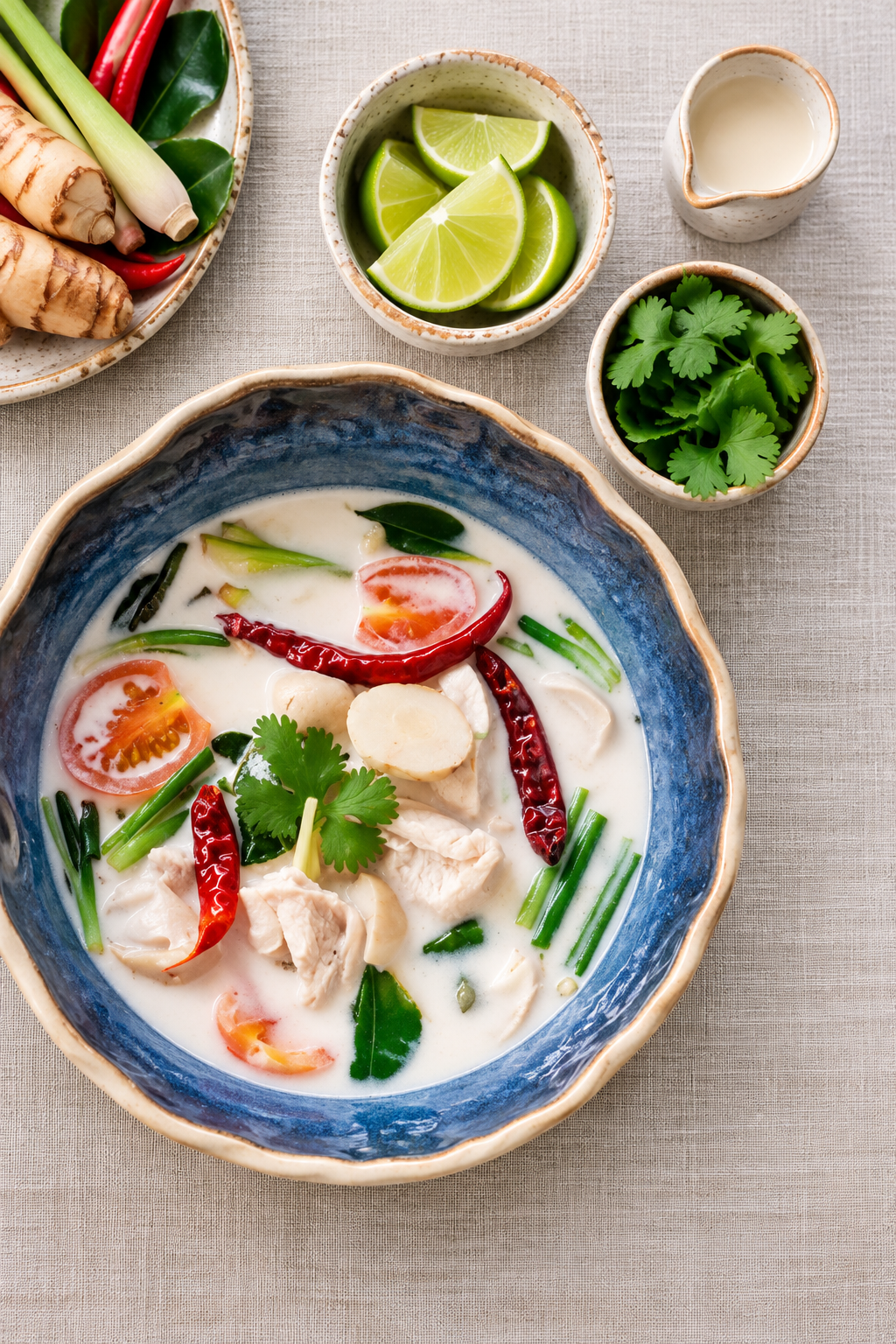 Tom Kha Gai, Thai coconut and galangal soup with chicken, tomato and dried red chilies in a blue ceramic bowl, with galangal, lemongrass, lime and cilantro on the side.
