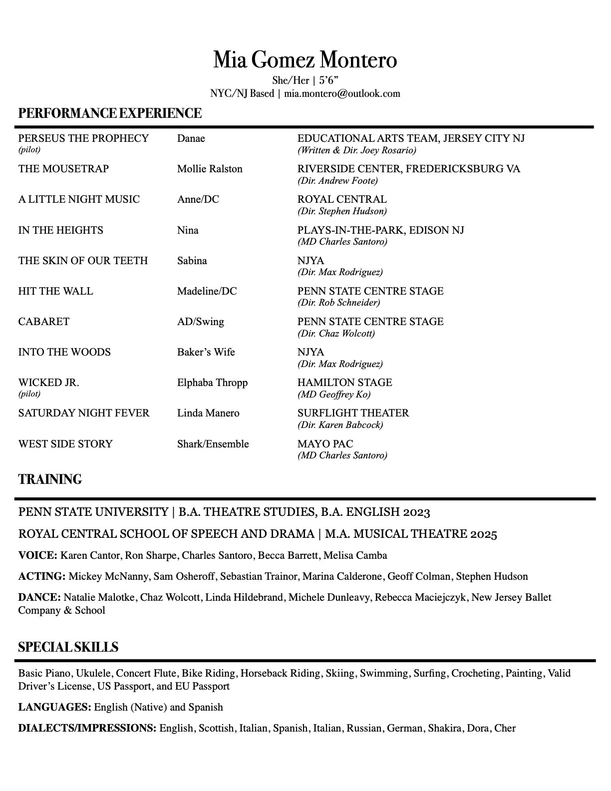 A resume for Mia Gomez Montero listing her performance experience, training, special skills, language, dialects, and impressions, with her contact information at the top.