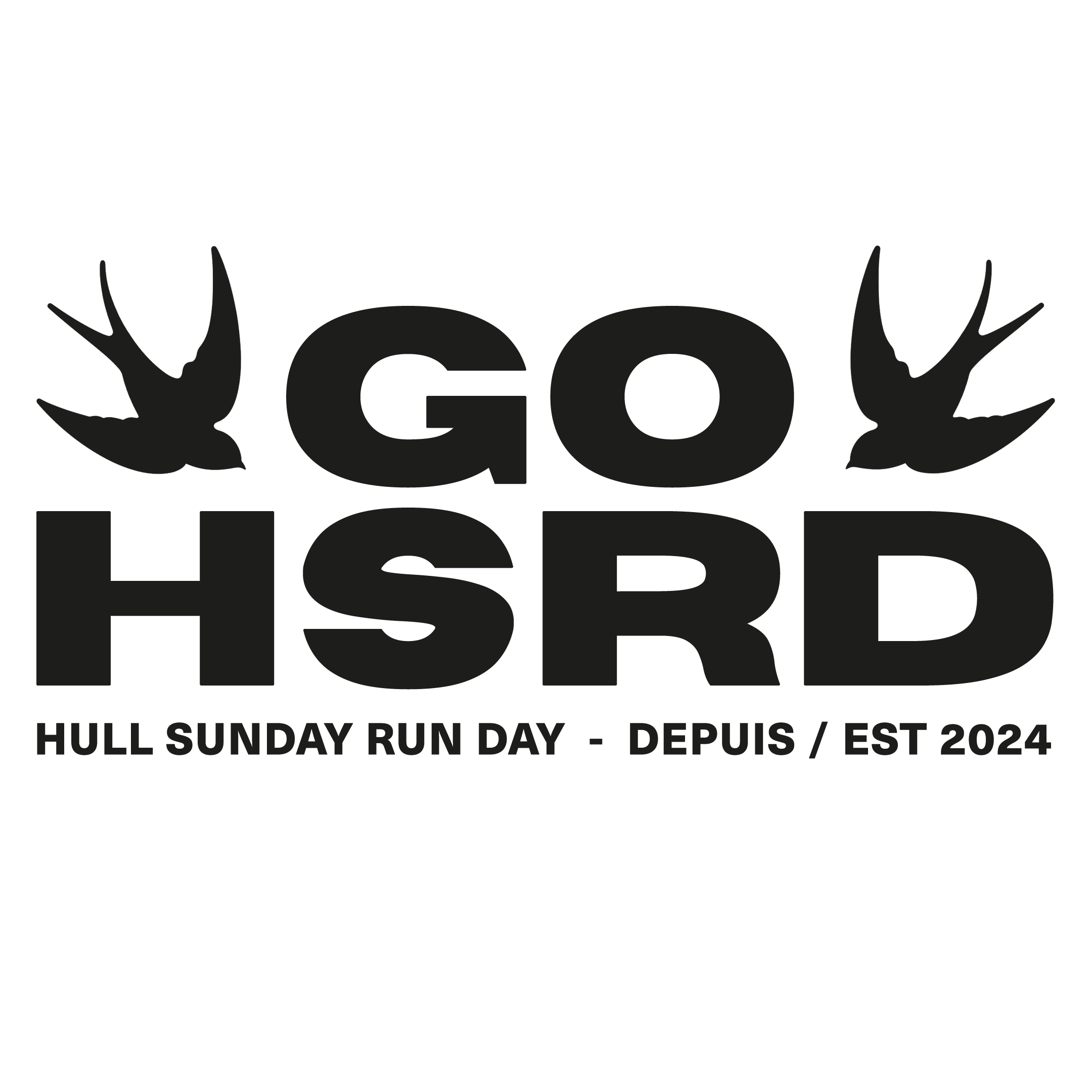 Black text on a black background promoting a Hull Sunday Run Day event in September 2024, with laurel branches on either side and additional event details in smaller text at the bottom.
