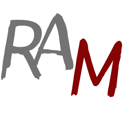 Kanzleilogo mit den Buchstaben R, A in grau und M in rot, auf schwarzem Hintergrund.