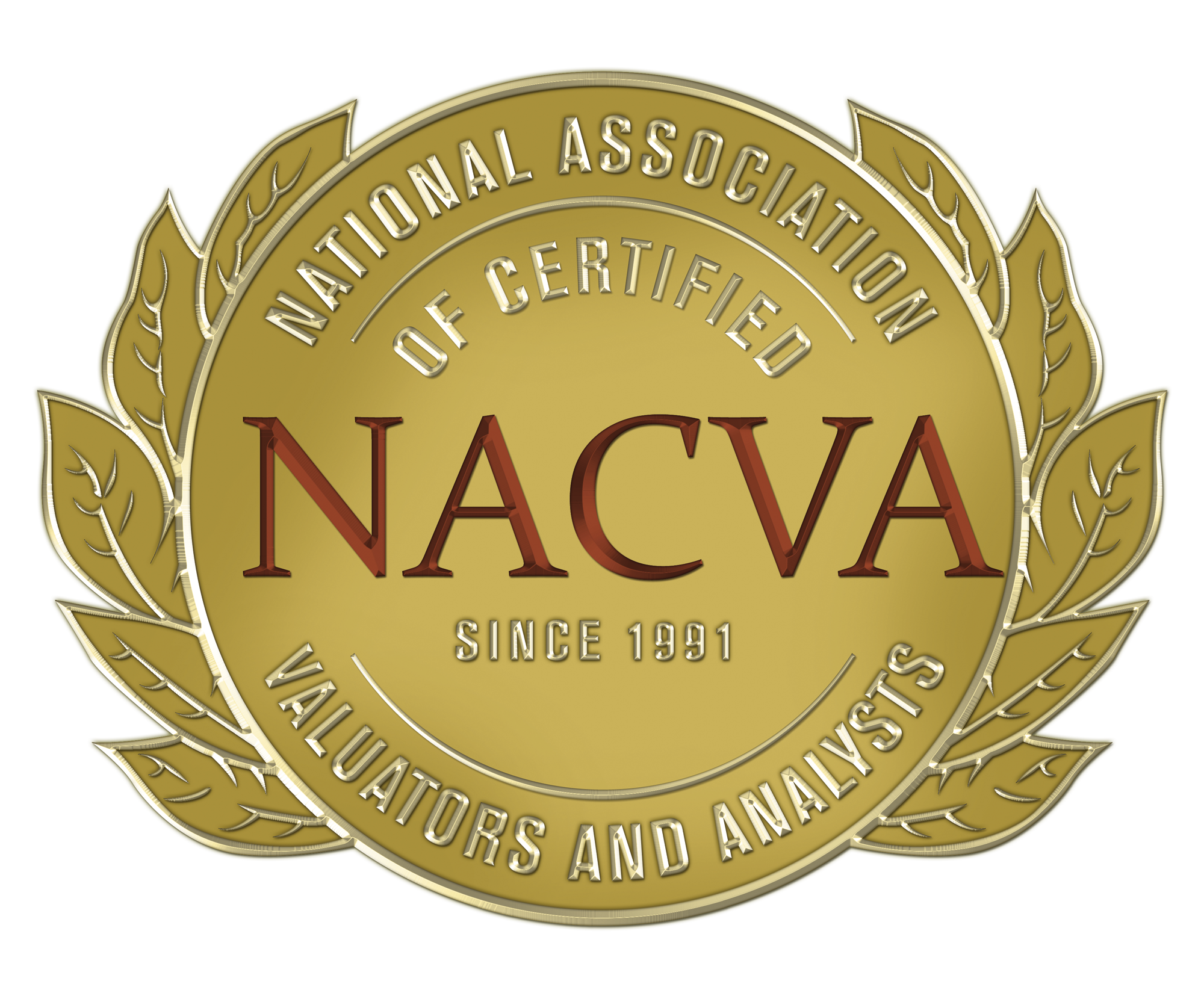 Gold seal award badge with text 'National Association of Certified Valuators and Analysts Since 1991'.