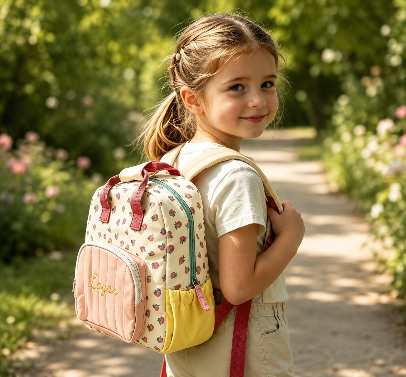 Personalised Strawberry Backpack – Custom Embroidered Name, Kids Preschool Bag