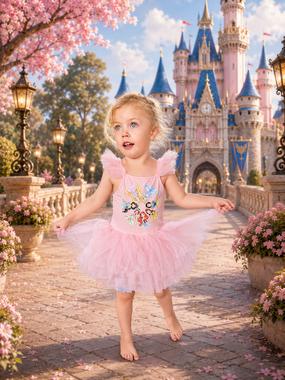 Young girl with blonde curly hair wearing a pink tutu dress featuring Disney princesses, walking barefoot on a brick pathway surrounded by pink flowers, with a castle in the background and a blue sky.