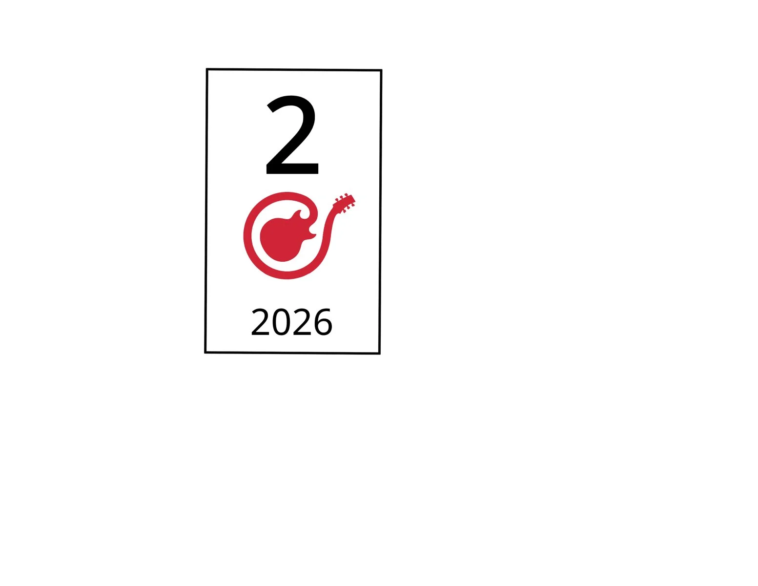 Design labeled '2 2026' with a red musical note in the shape of a guitar in the center.