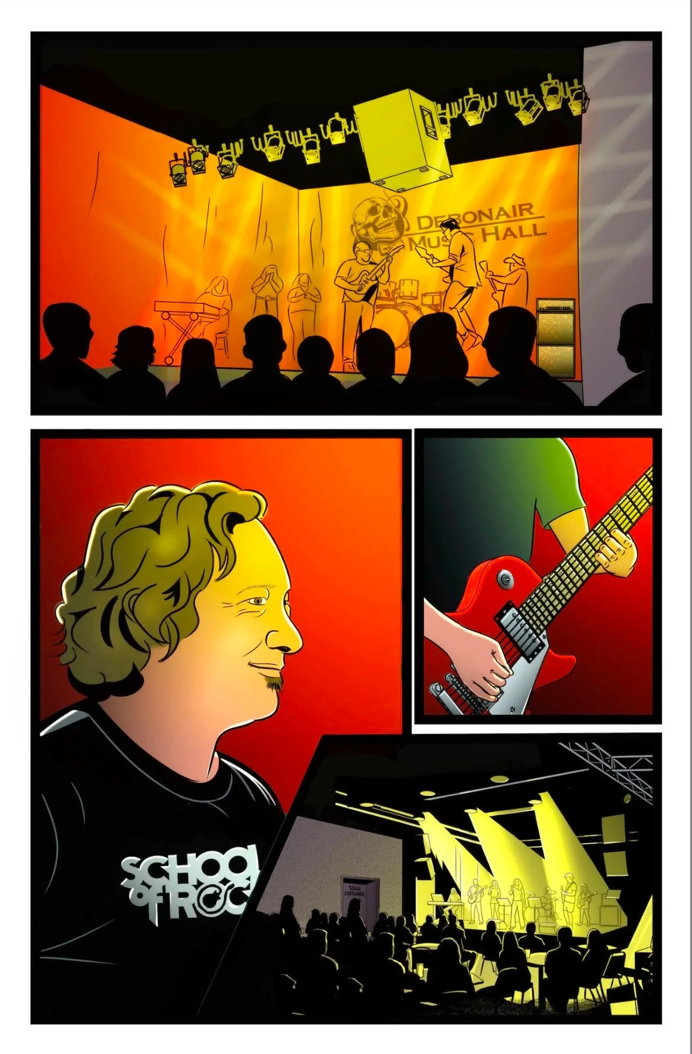 Illustration of a music hall scene with performers on stage and an audience in front. The background features a large skull with the words "DePonair Music Hall." In the foreground, a guy with long hair is playing a guitar, and other musicians are per