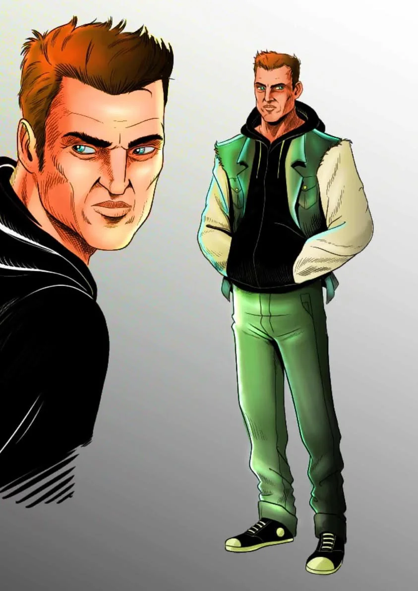 Character illustration of Carl Karadonis before his transformation, wearing a green jacket and jeans