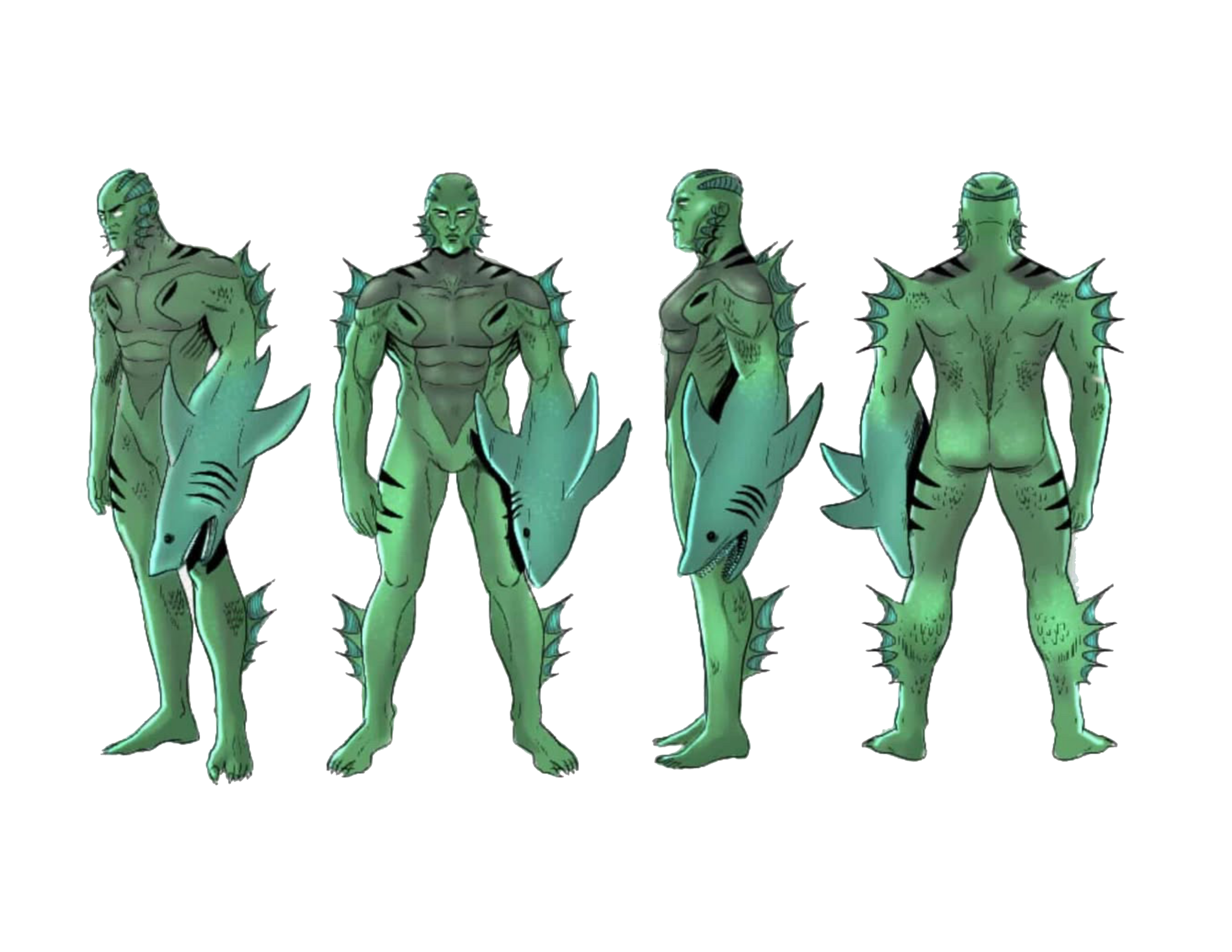Front, side  and back views of ManPhibian. He is green with fins and scales, his left arm is fused with a shark