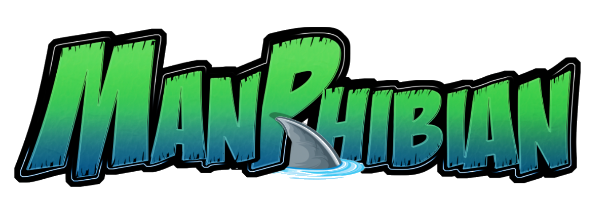 ManPhibian logo -  bold green and blue text with a shark fin breaking through the water.