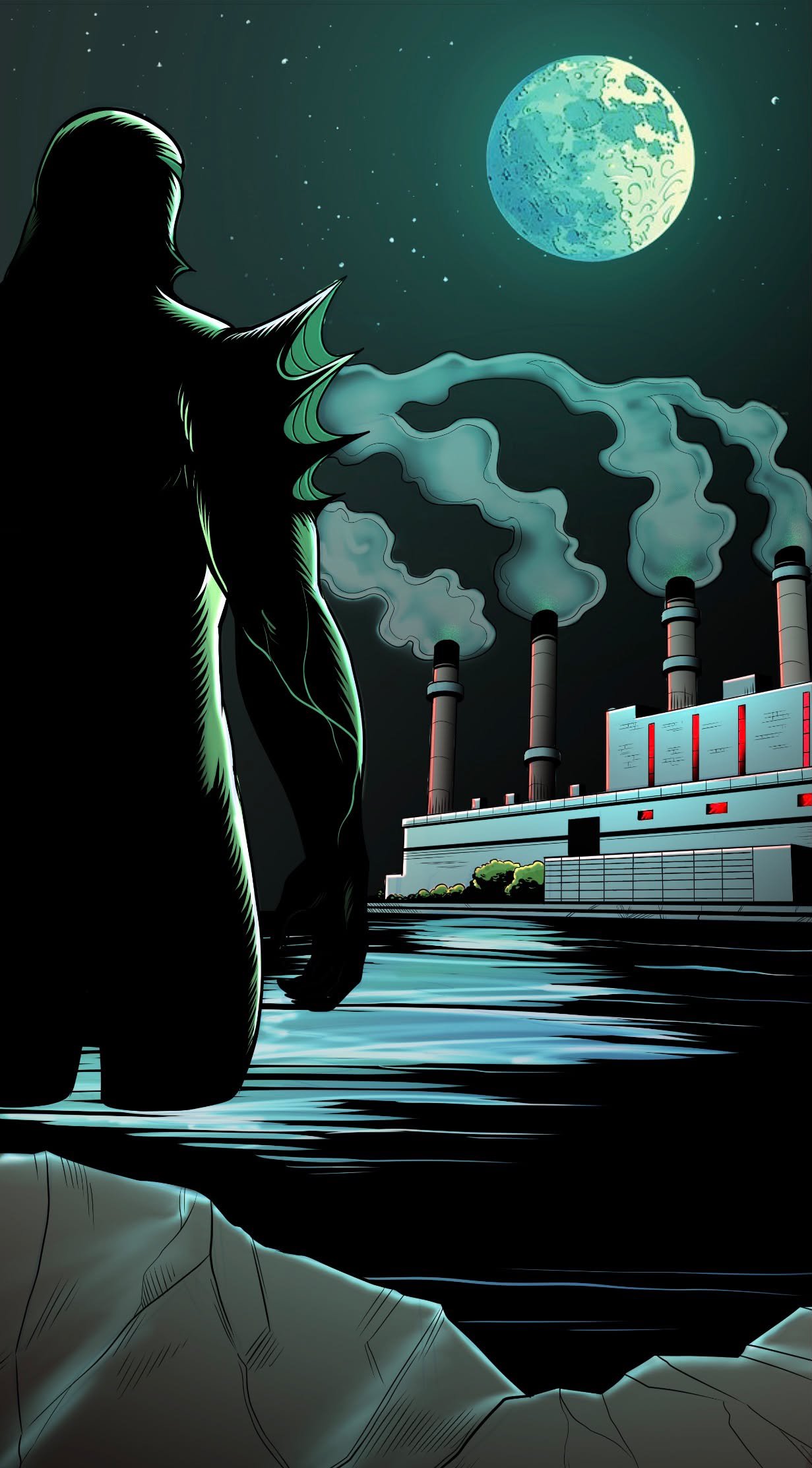 Carl Karandonis recently transformed into ManPhibian standing with a factory emitting smoke with a bright full moon in the sky.