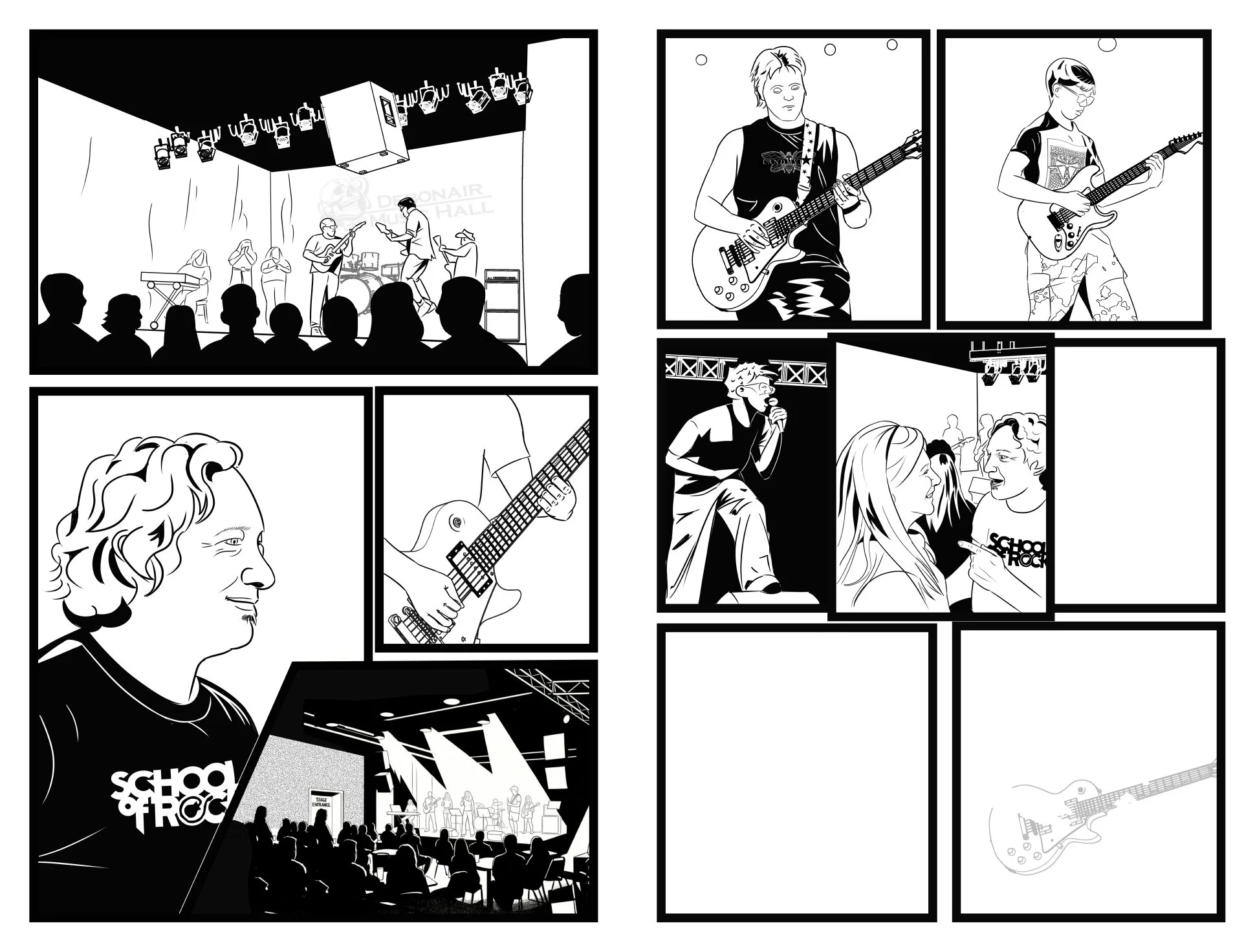 A black-and-white comic strip depicting a live music concert. The scene includes musicians playing guitars and singing, an audience watching, and a stage setup. Several panels show close-ups of performers and audience interactions.