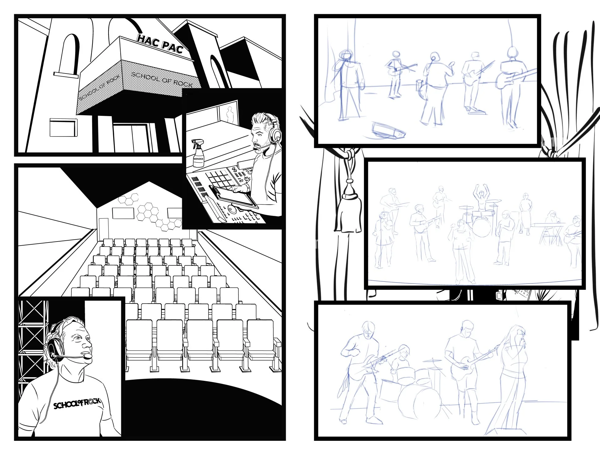 Black and white comic-style illustration of a theater with a rock concert stage, a sound engineer at mixing equipment, and musicians practicing and performing, viewed from various angles.