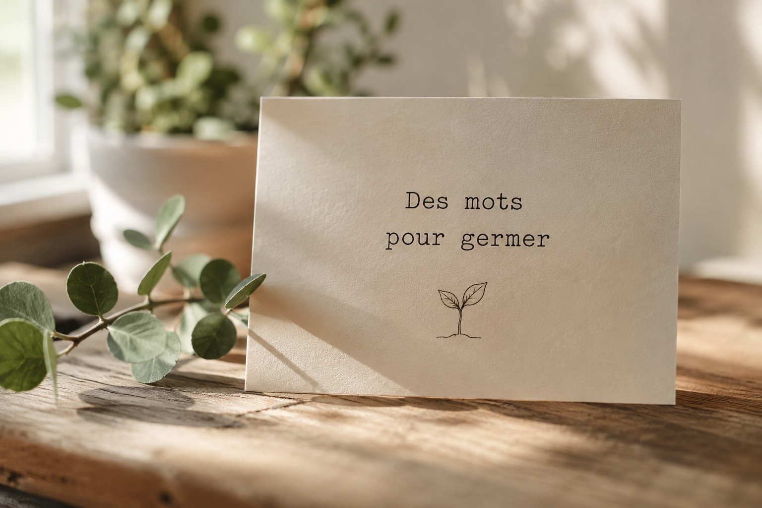 Une carte avec l'inscription "Des mots pour germer" et une illustration d'une petite pousse