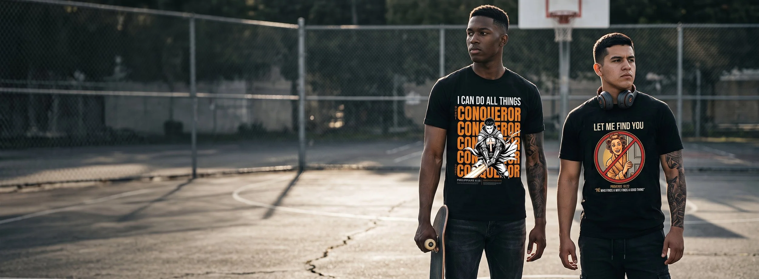 Two young men standing on an outdoor basketball court, one holding a skateboard, wearing black T-shirts with religious and motivational messages.