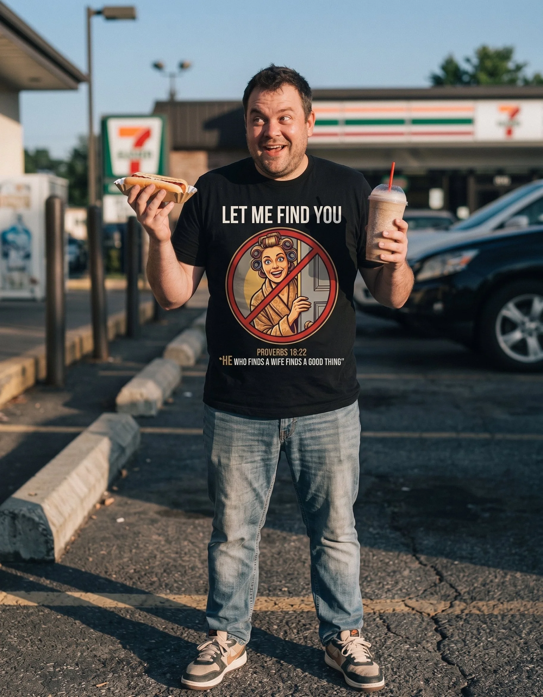 A man standing in a parking lot holding a hot dog and a large beverage, wearing a black t-shirt with a graphic that says 'Let Me Find You' and additional text referencing Proverbs 18:22 from the Bible, with a 7-Eleven store in the background.