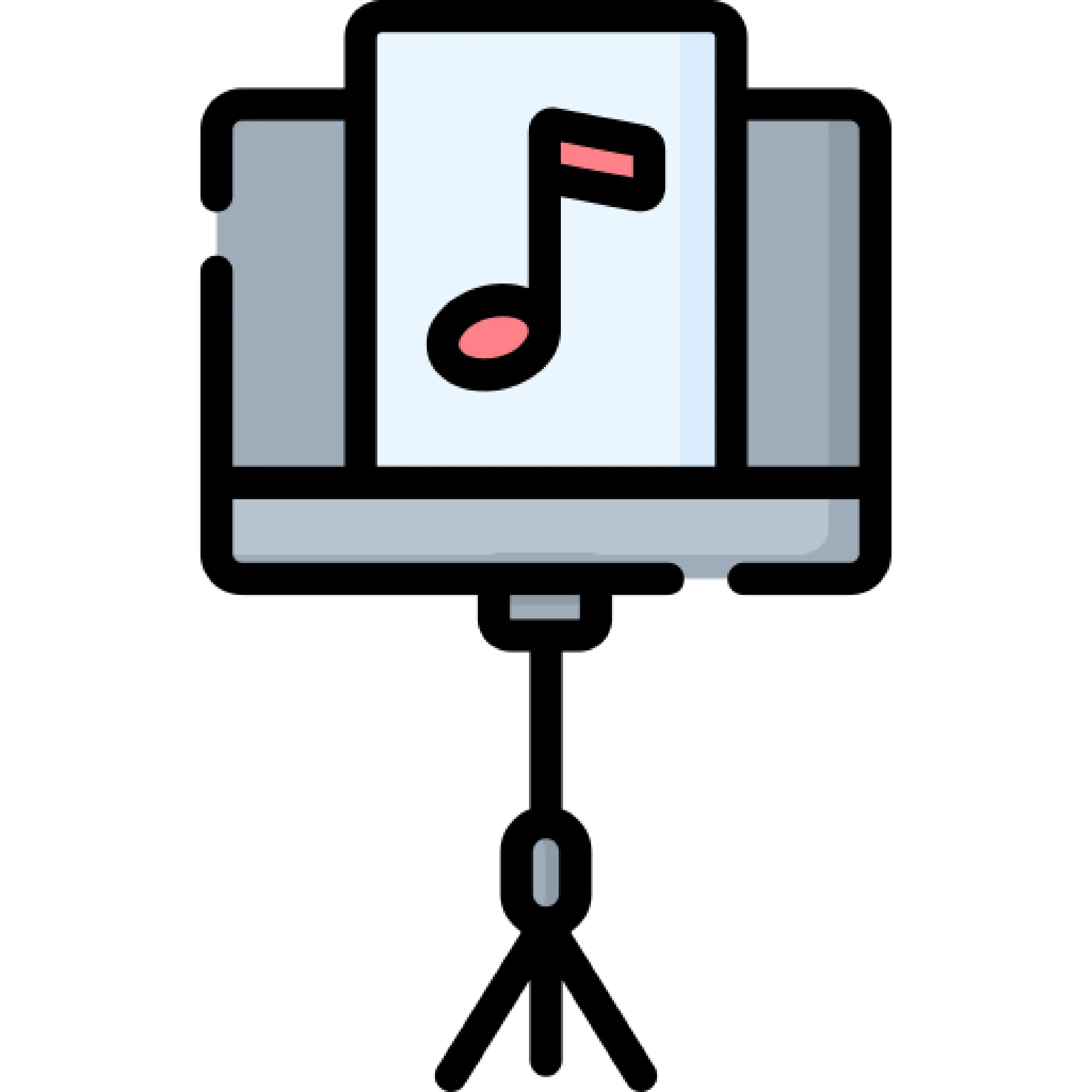 Illustration of a music stand with a sheet of music and a music note.
