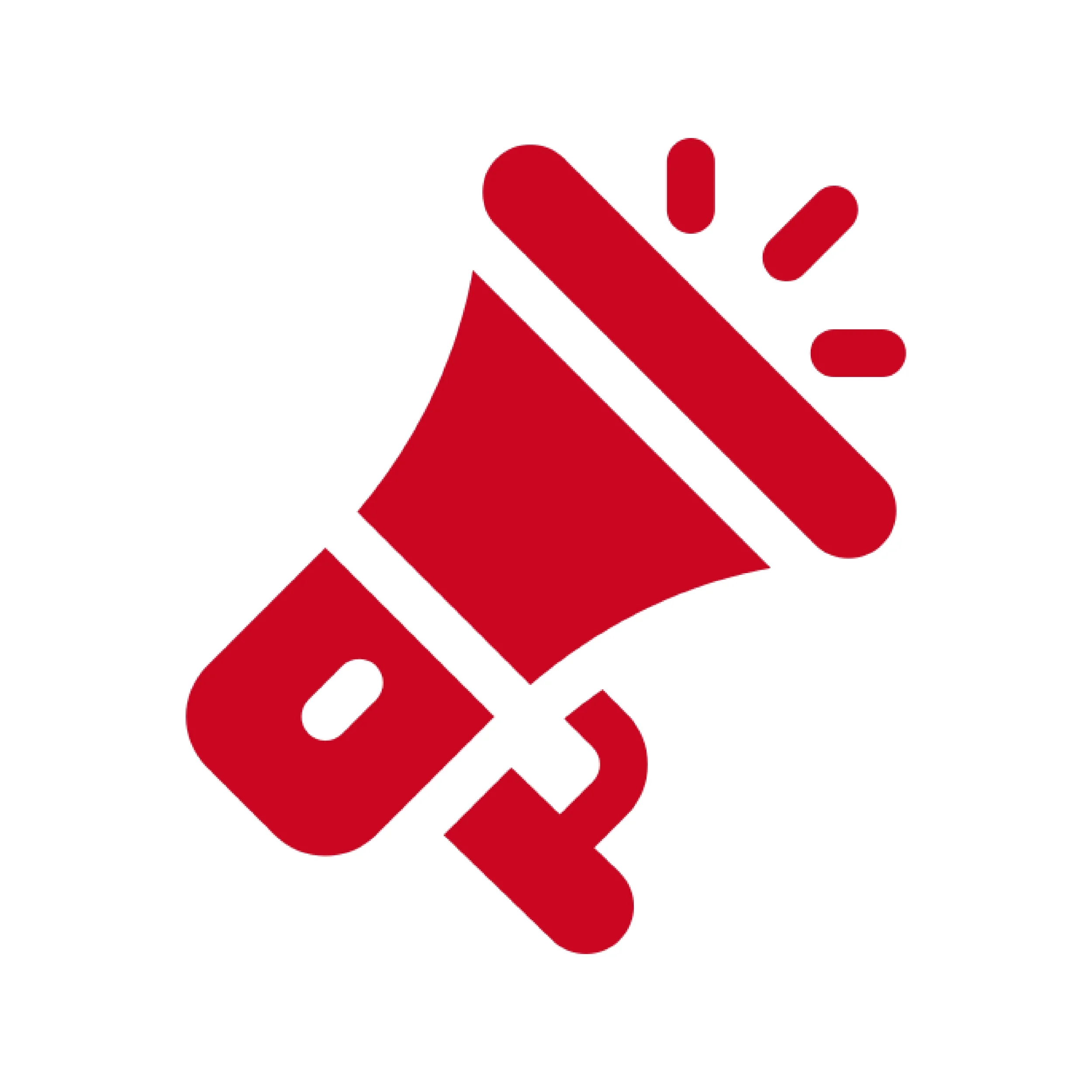 Red megaphone icon with white background.